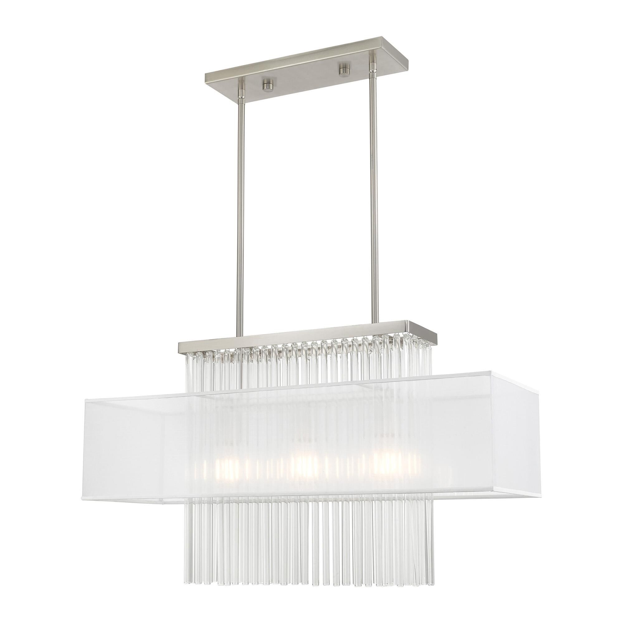 Shown in Brushed Nickel finish and Clear Crystal Rods with Hand Crafted Translucent Fabric shade