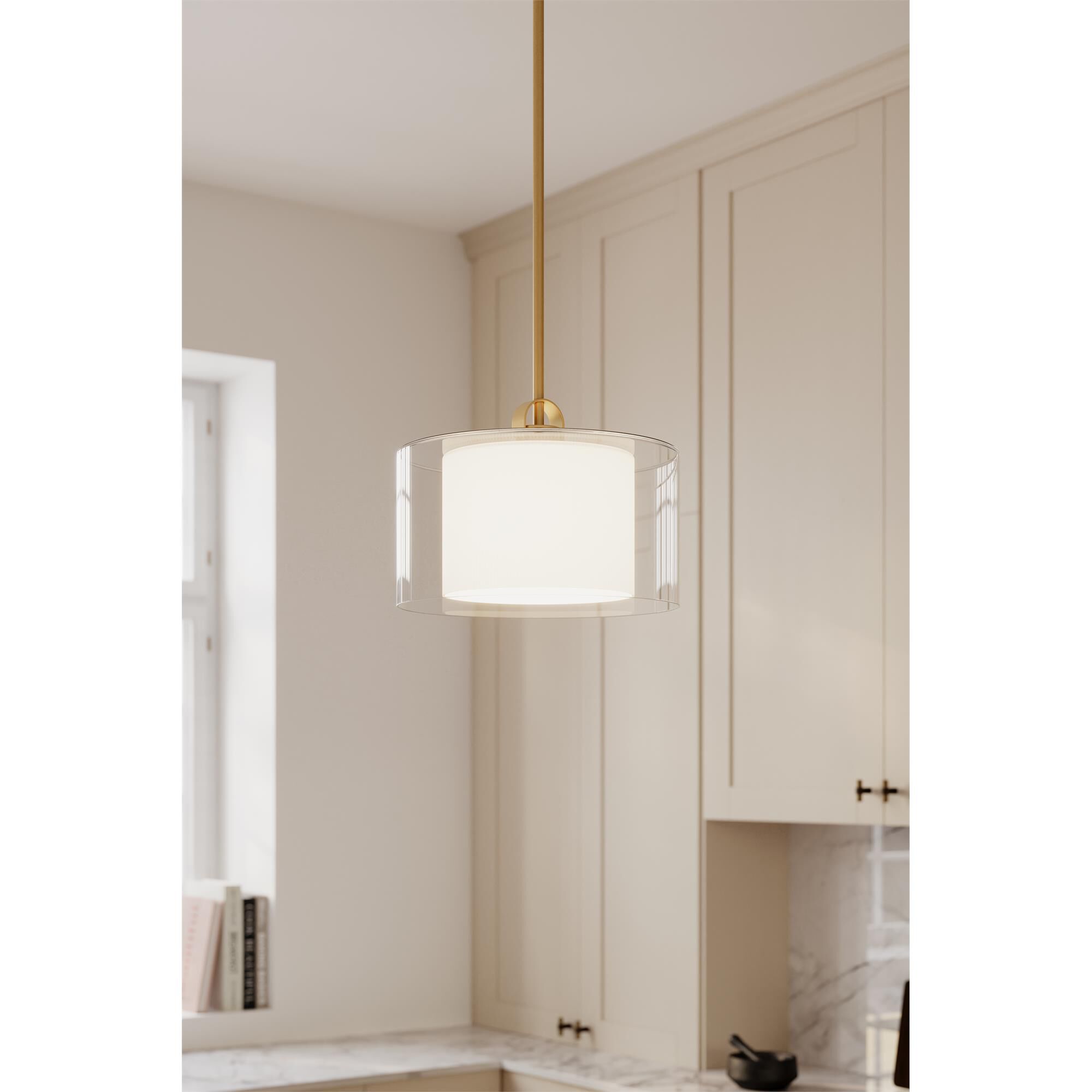 Shown in Legacy Brass finish and Clear and Etched Opal glass
