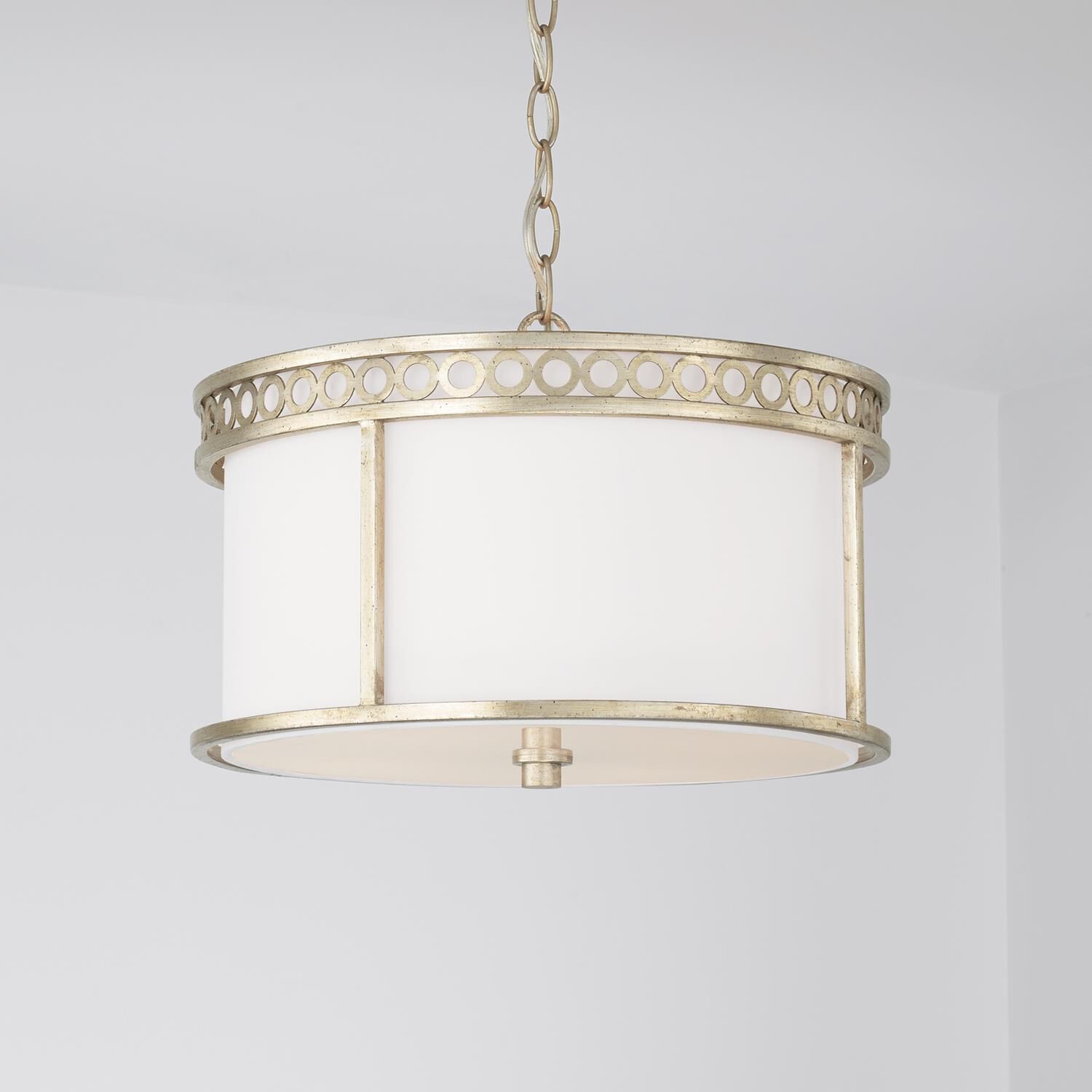 Shown in Winter Gold finish and White Fabric shade