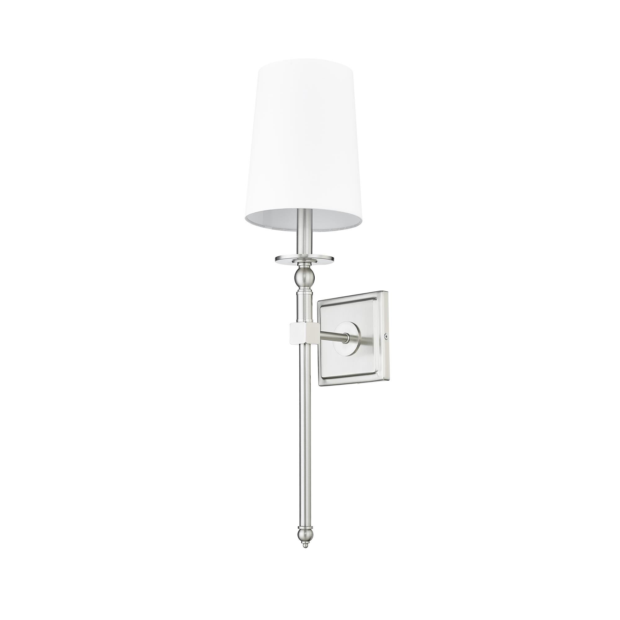 Shown in Brushed Nickel finish and White Linen shade