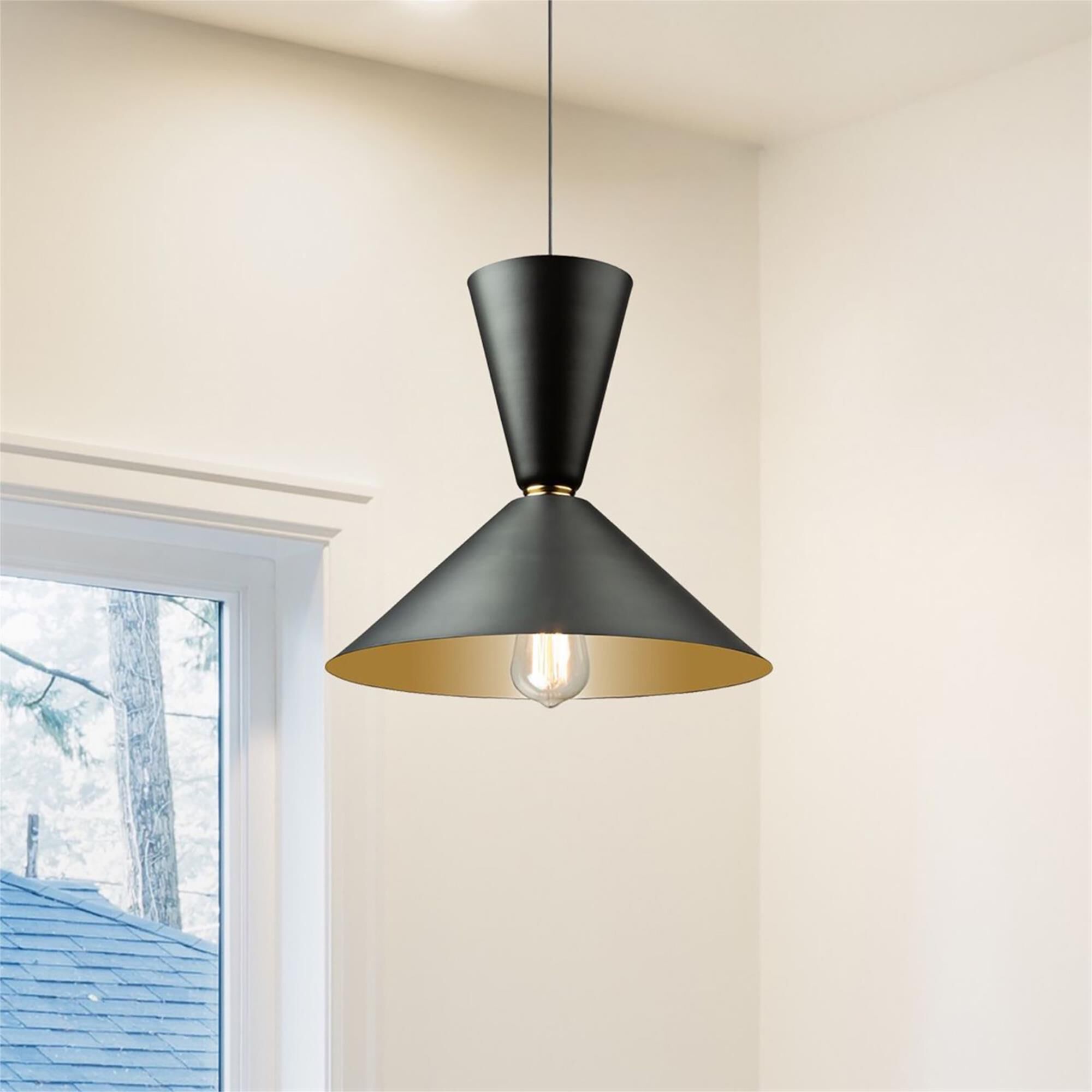 Shown in Matte Black and Brass finish and Black with Sand Gold Interior shade