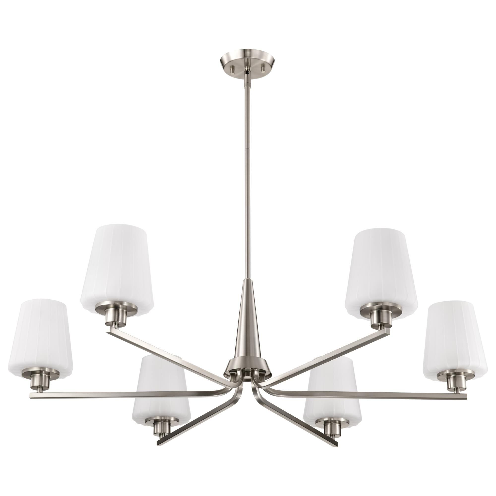 Shown in Brushed Nickel finish and Etched White glass