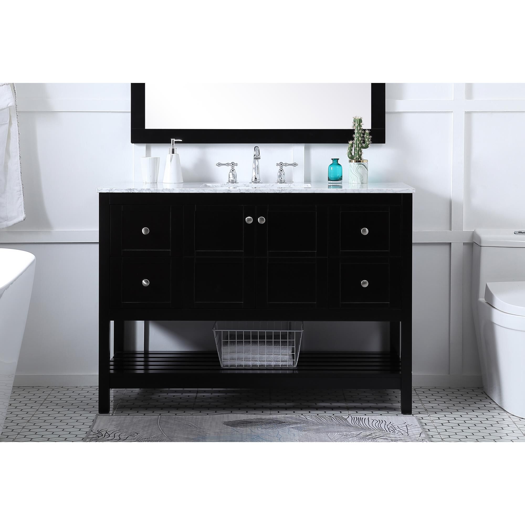 Shown in Black And Brushed Nickel With Carrara White Marble finish