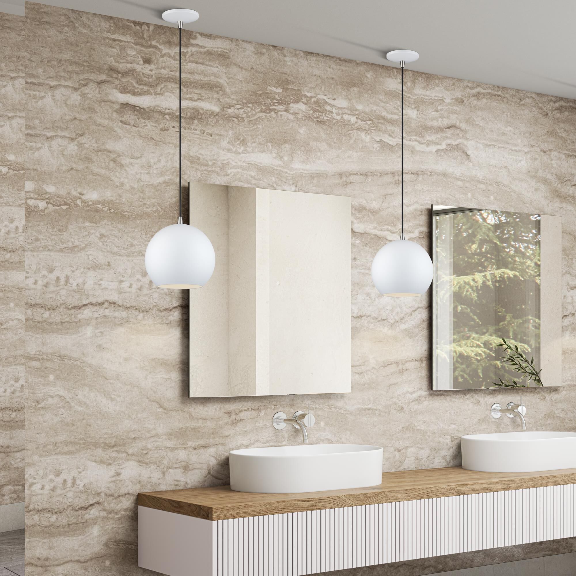 Shown in White with Brushed Nickel Accents finish and White Aluminum with Shiny White Inside shade