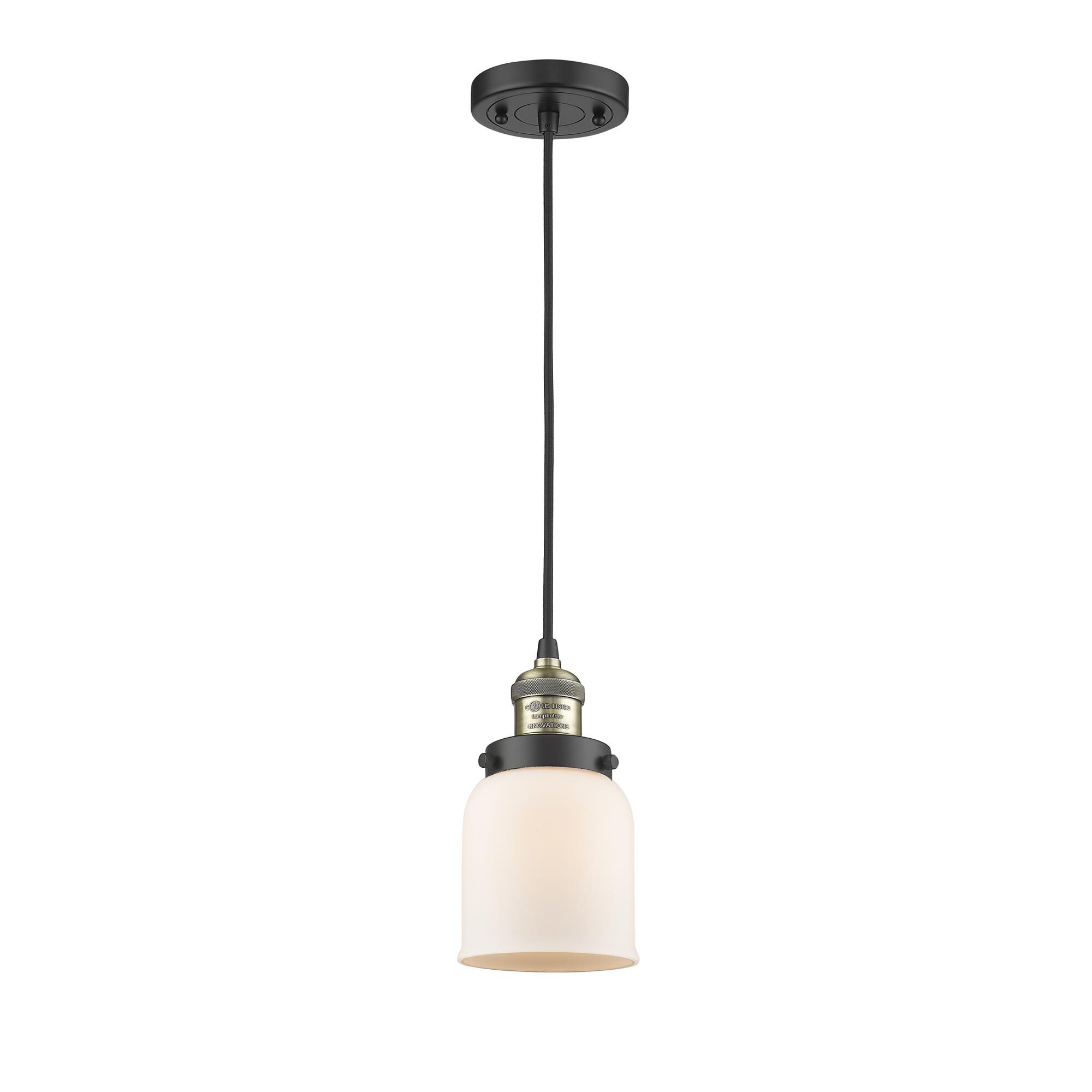 Shown in Black Antique Brass finish and Matte White Cased glass