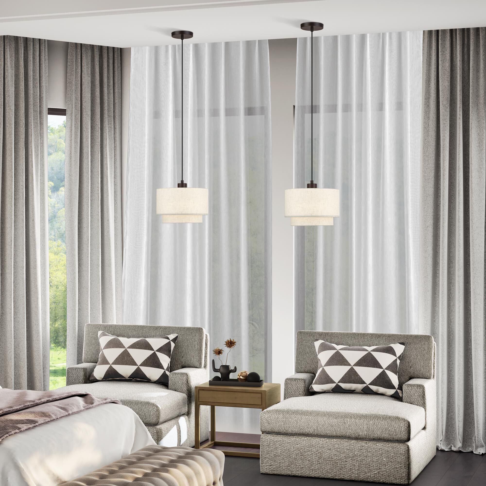 Shown in English Bronze finish and Hand Crafted Oatmeal Color Fabric with White Color Inside shade