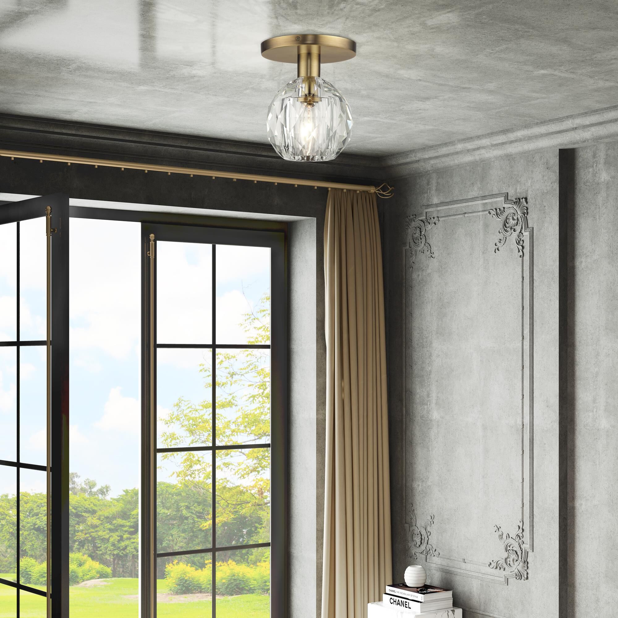 Shown in Natural Brass finish and Crystal glass