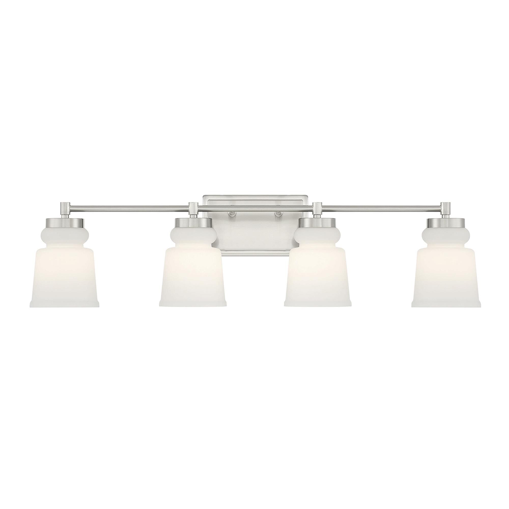 Shown in Brushed Nickel finish and Milk glass