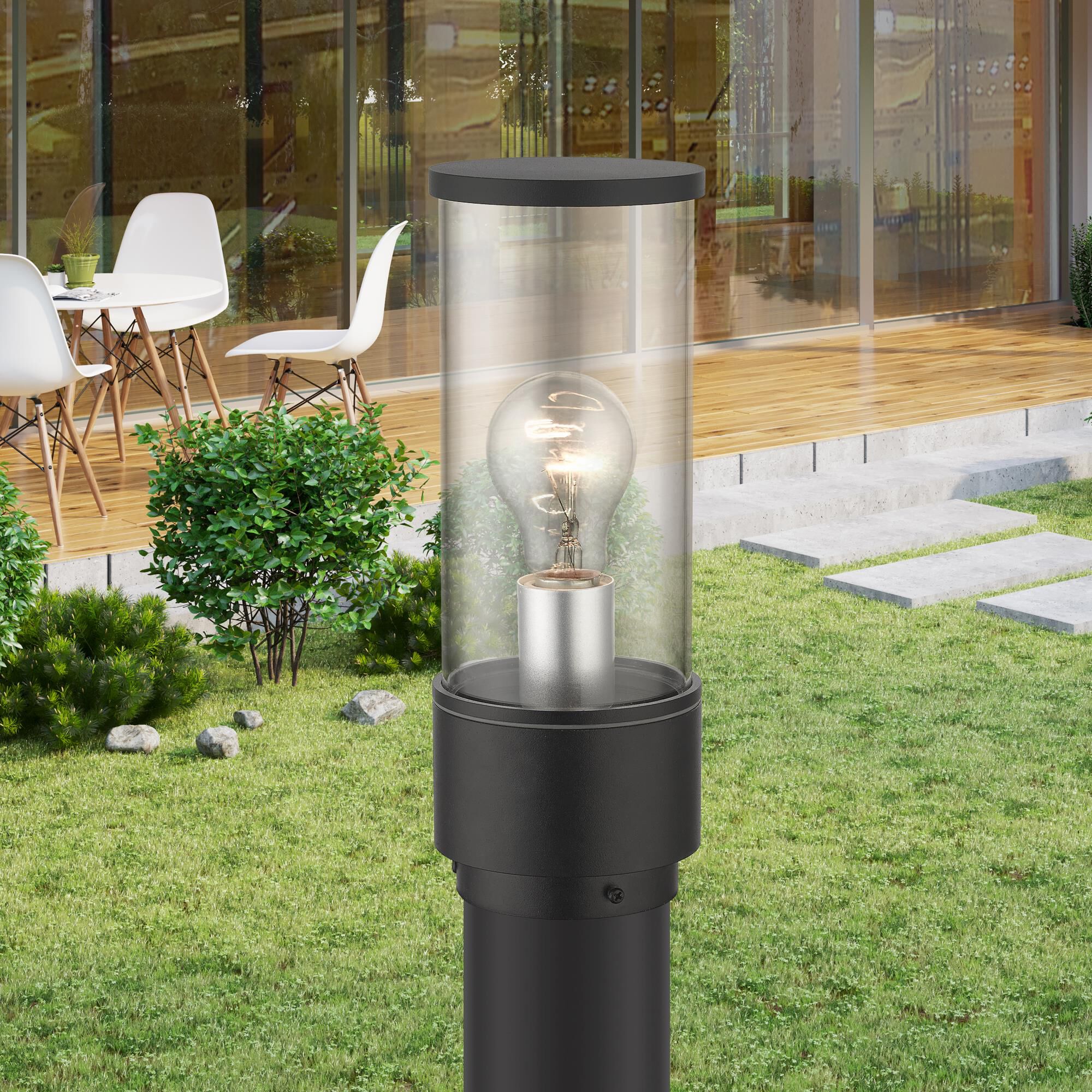 Shown in Textured Black With Antique Silver Accents finish and Clear glass