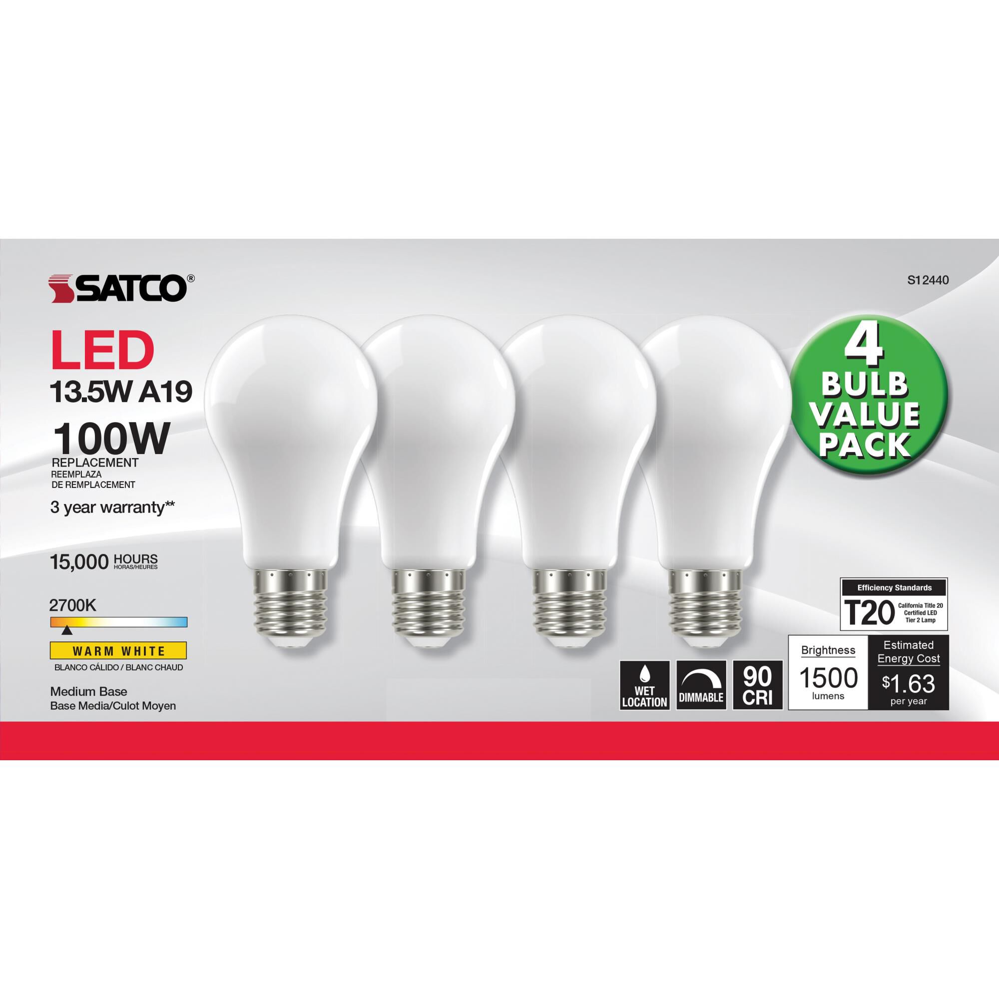 Dimmable 13.5 Watt 2700K A19 LED Light Bulb by Satco