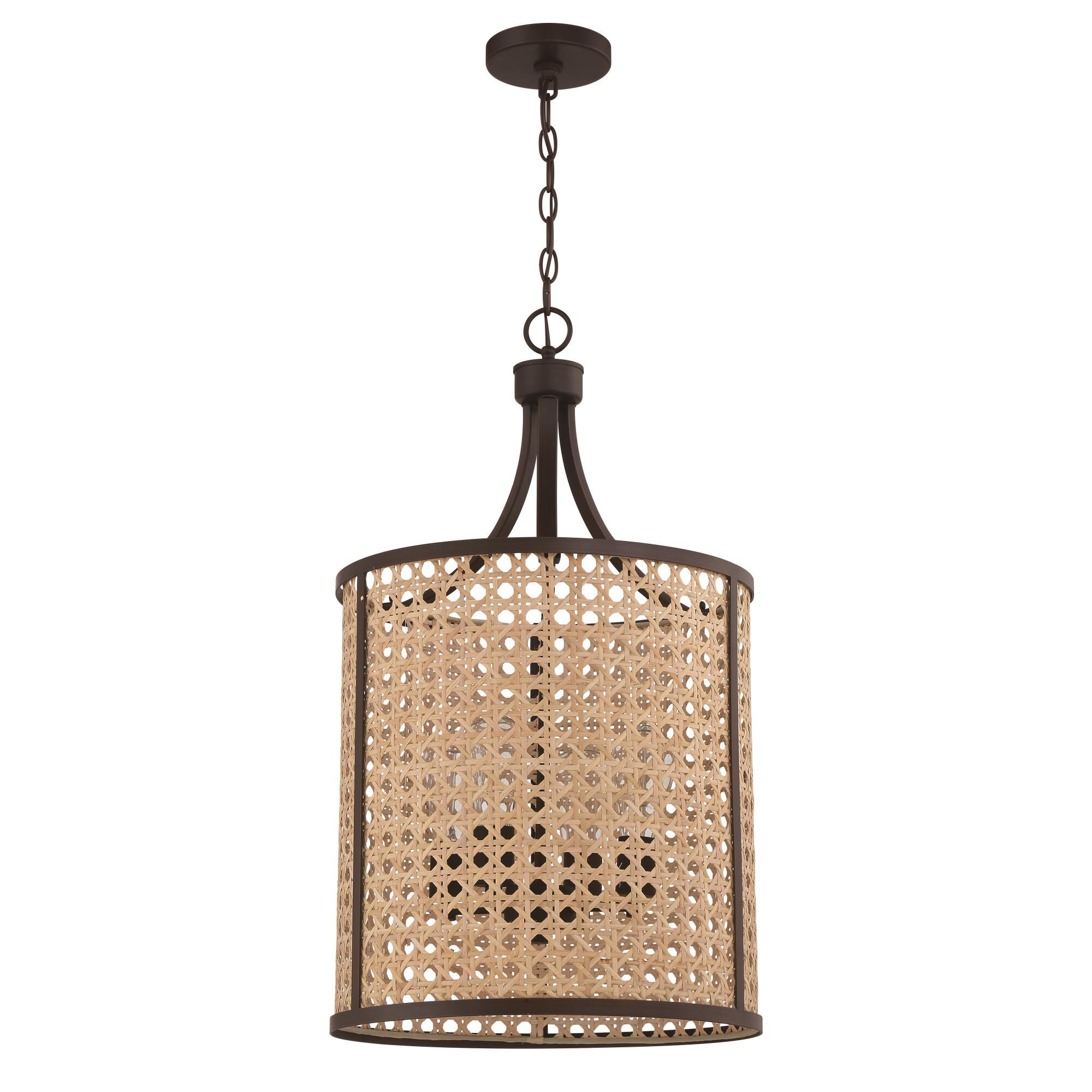 Shown in Aged Bronze Brushed finish and Natural glass and Rattan shade