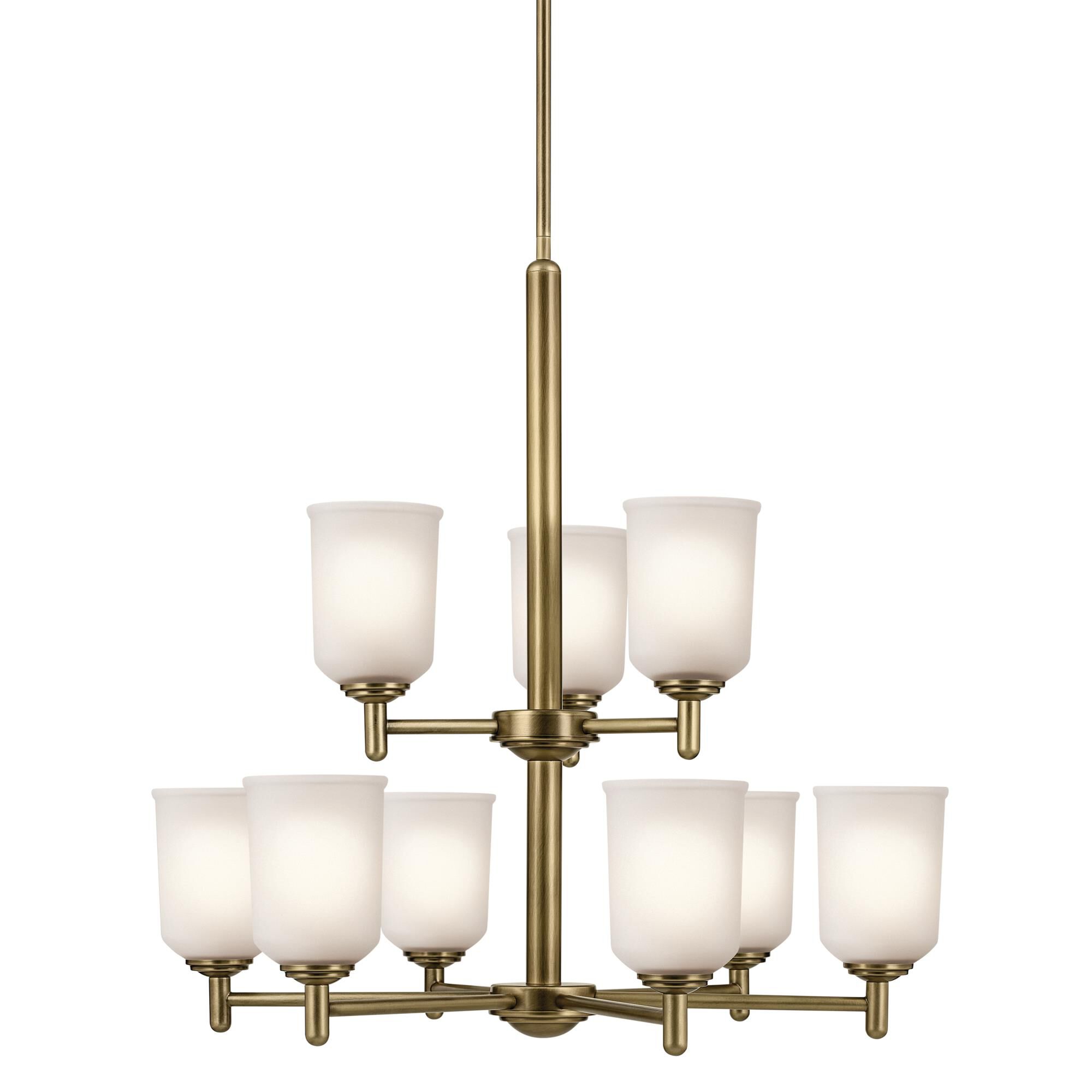 Shown in Natural Brass finish and Clear Satin Etched glass