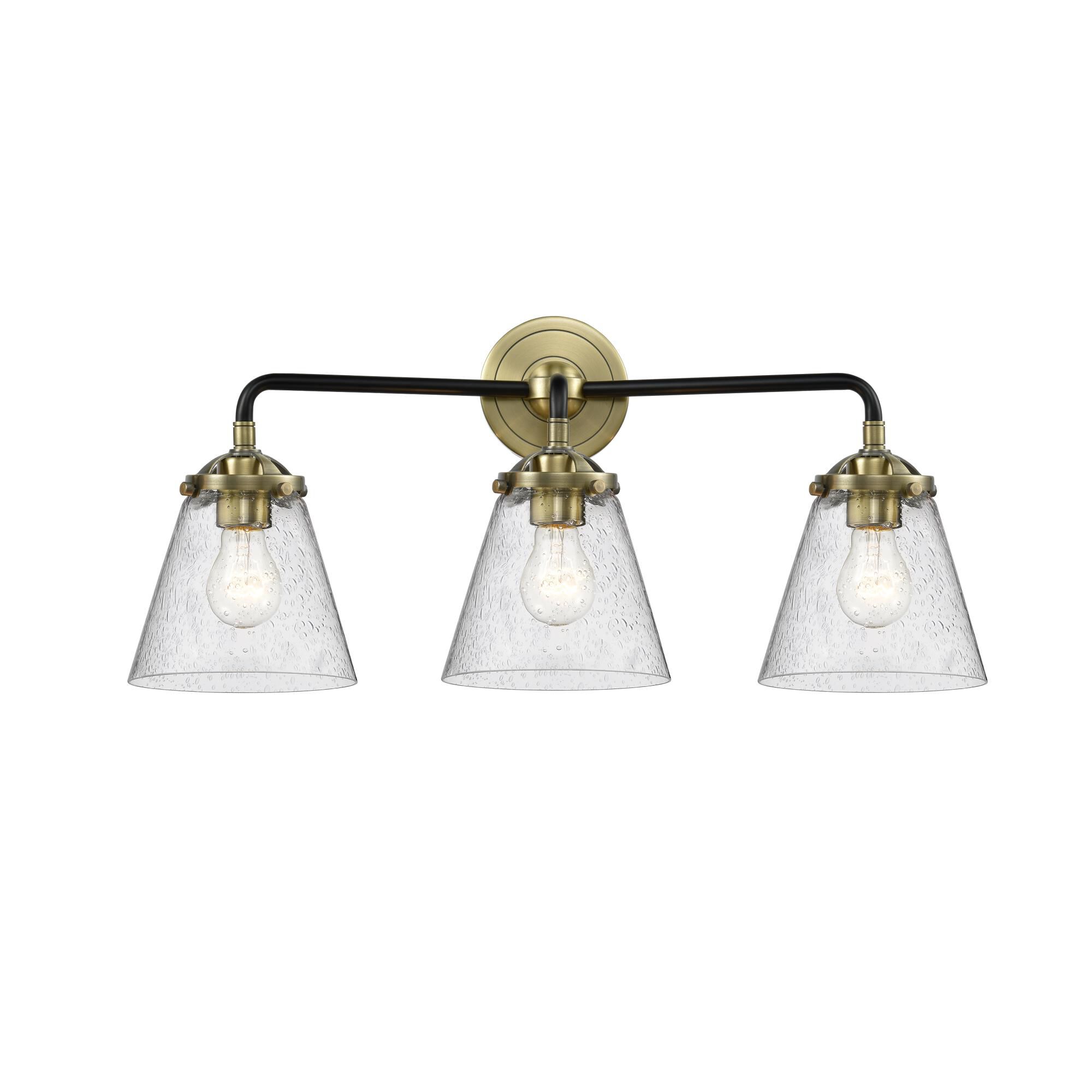Shown in Black Antique Brass finish and Seedy glass
