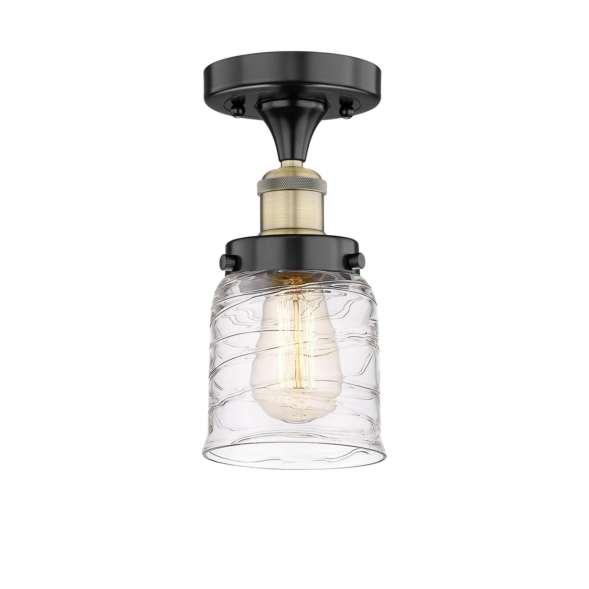 Shown in Black Antique Brass finish and Clear Deco Swirl glass