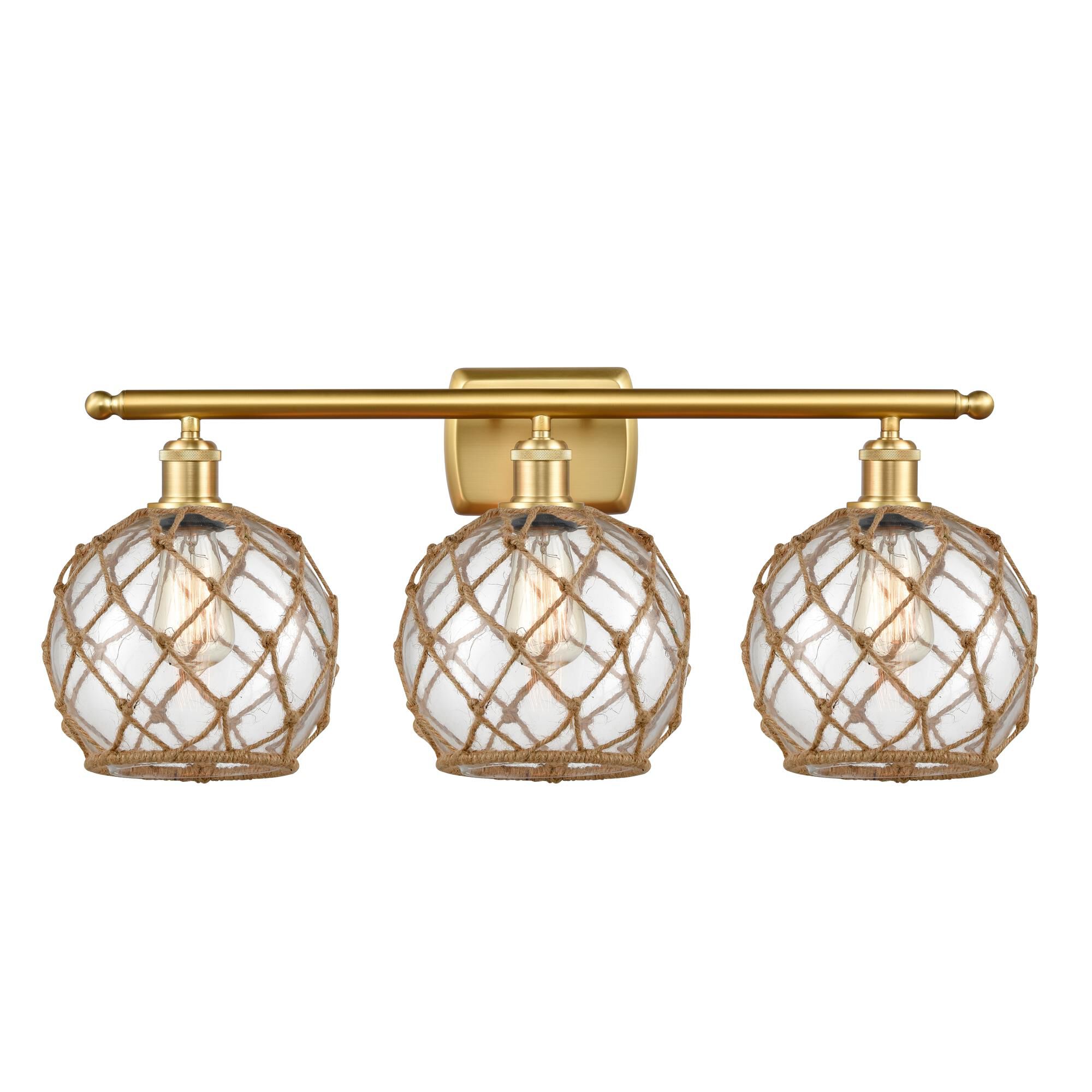Shown in Satin Gold finish and Clear Farmhousewith Brown Rope glass