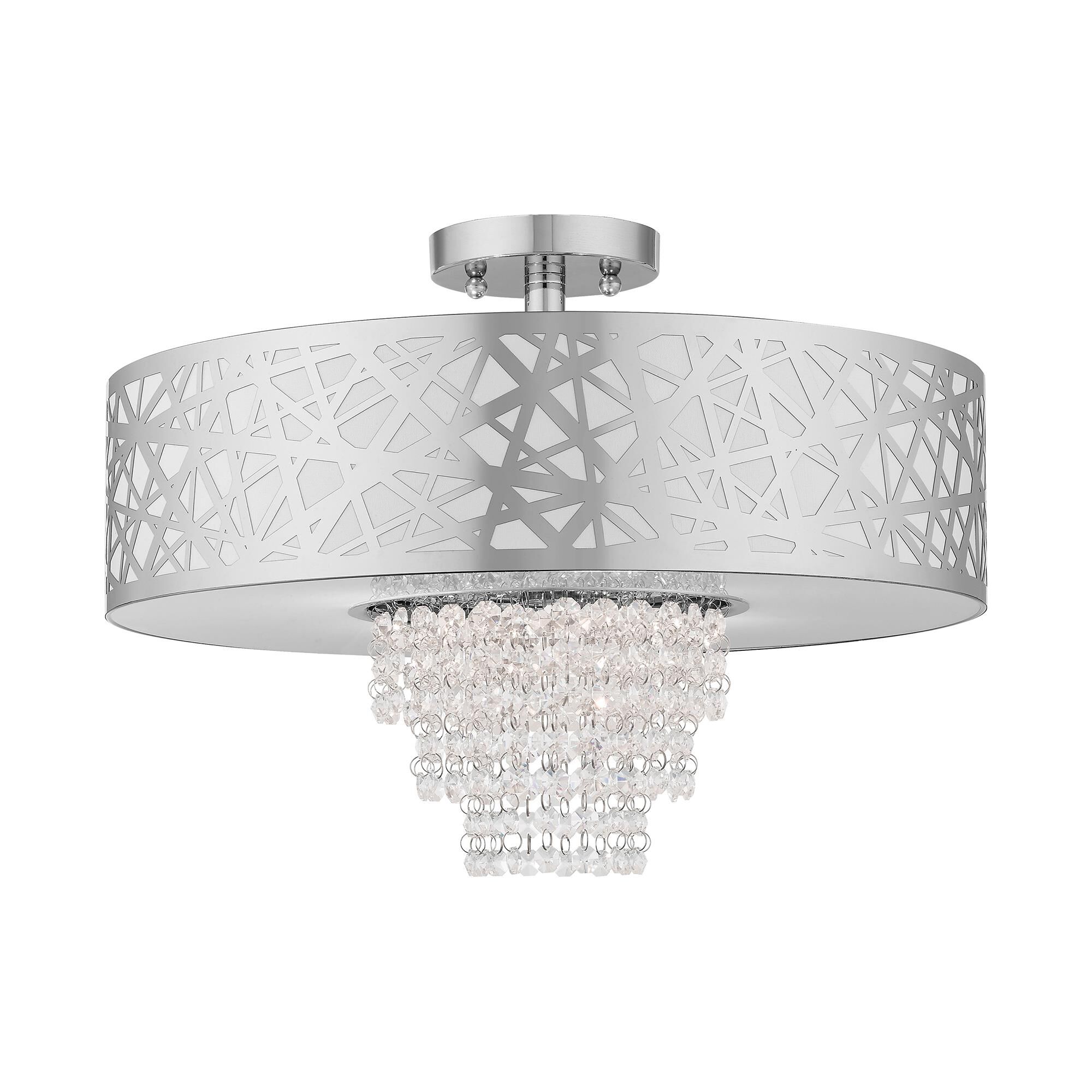 Shown in Polished Chrome finish and Off-White Fabric Hardback  Inside & Clear Crystals shade