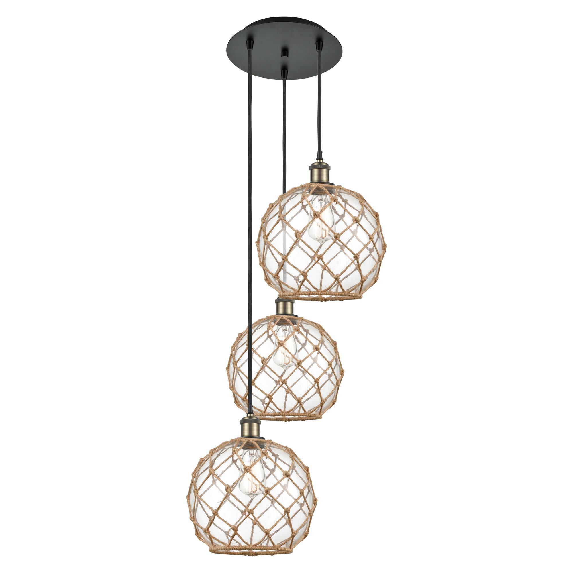 Shown in Black Antique Brass finish and Clear with Brown Rope glass