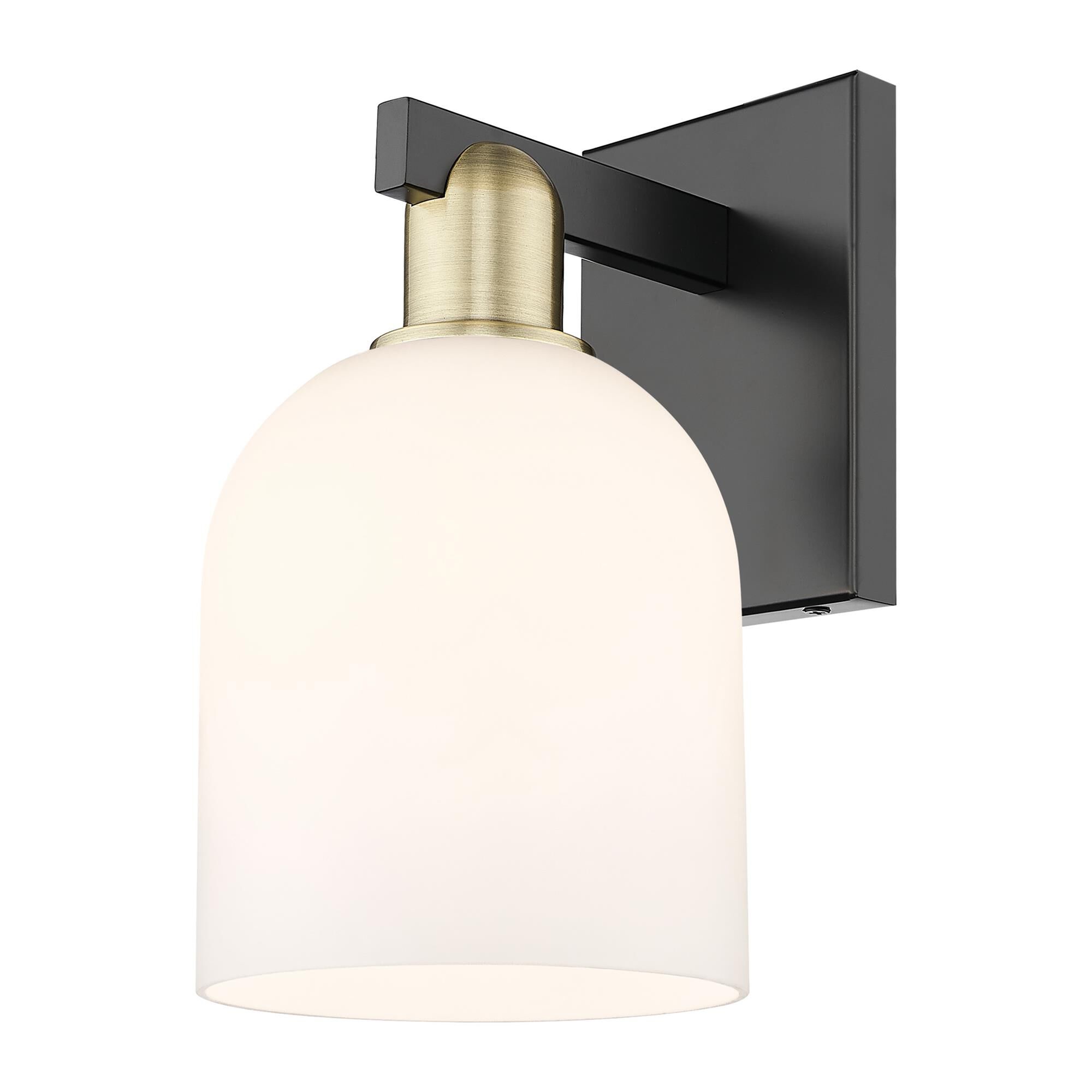 Shown in Black Antique Brass finish and White glass