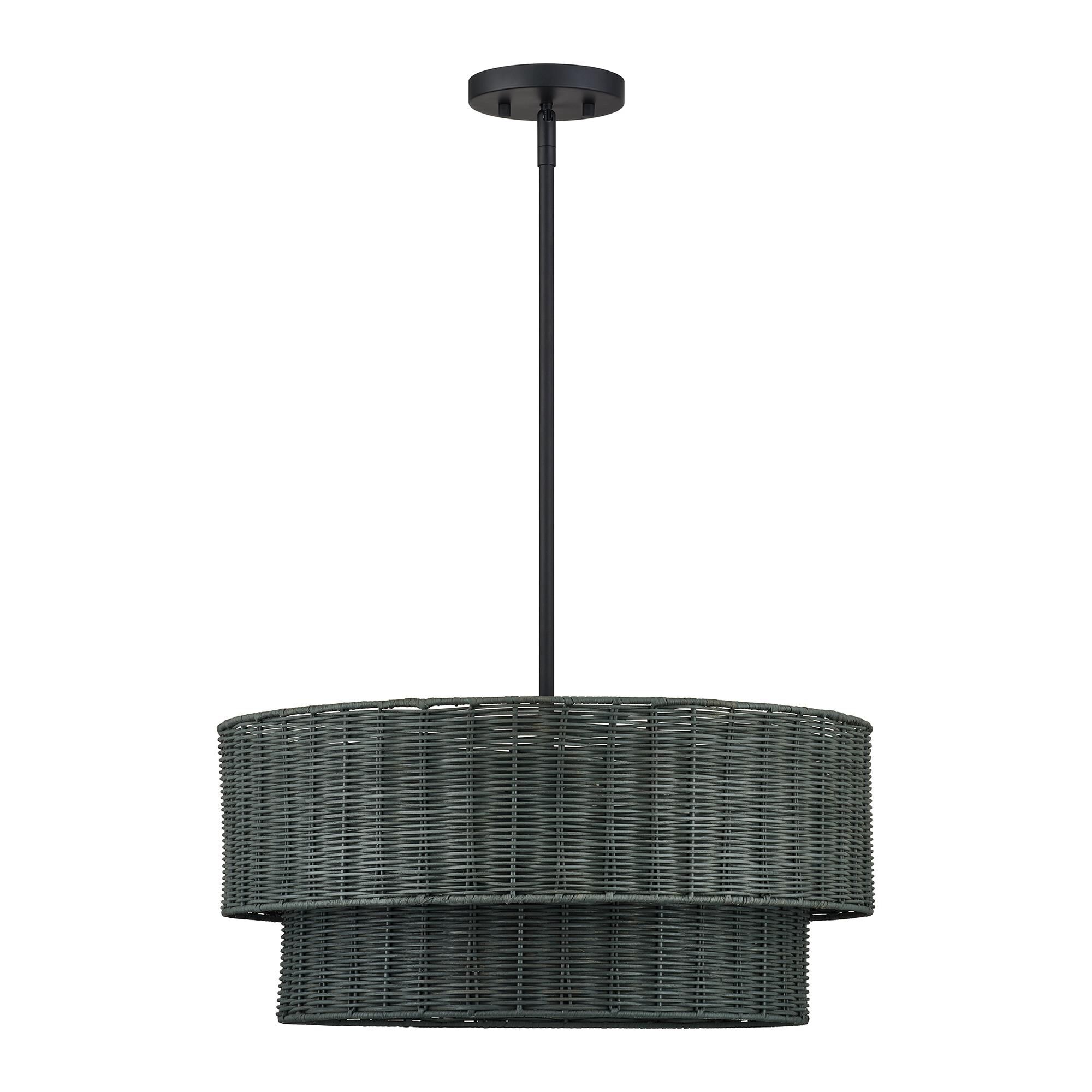 Shown in Black finish and Hand-Woven Charred Gray Color Rattan shade