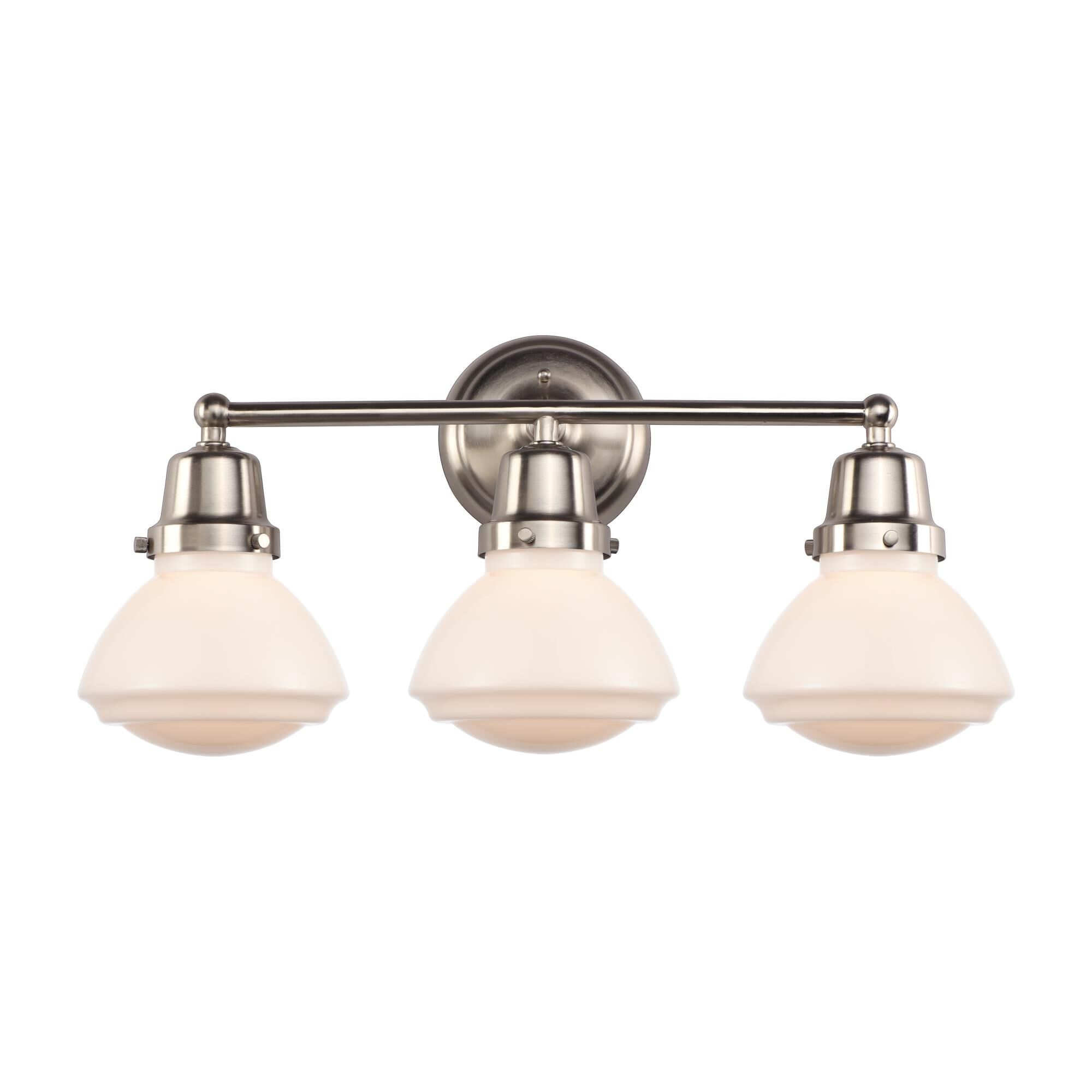 Shown in Brushed Satin Nickel finish and Matte White Olean glass