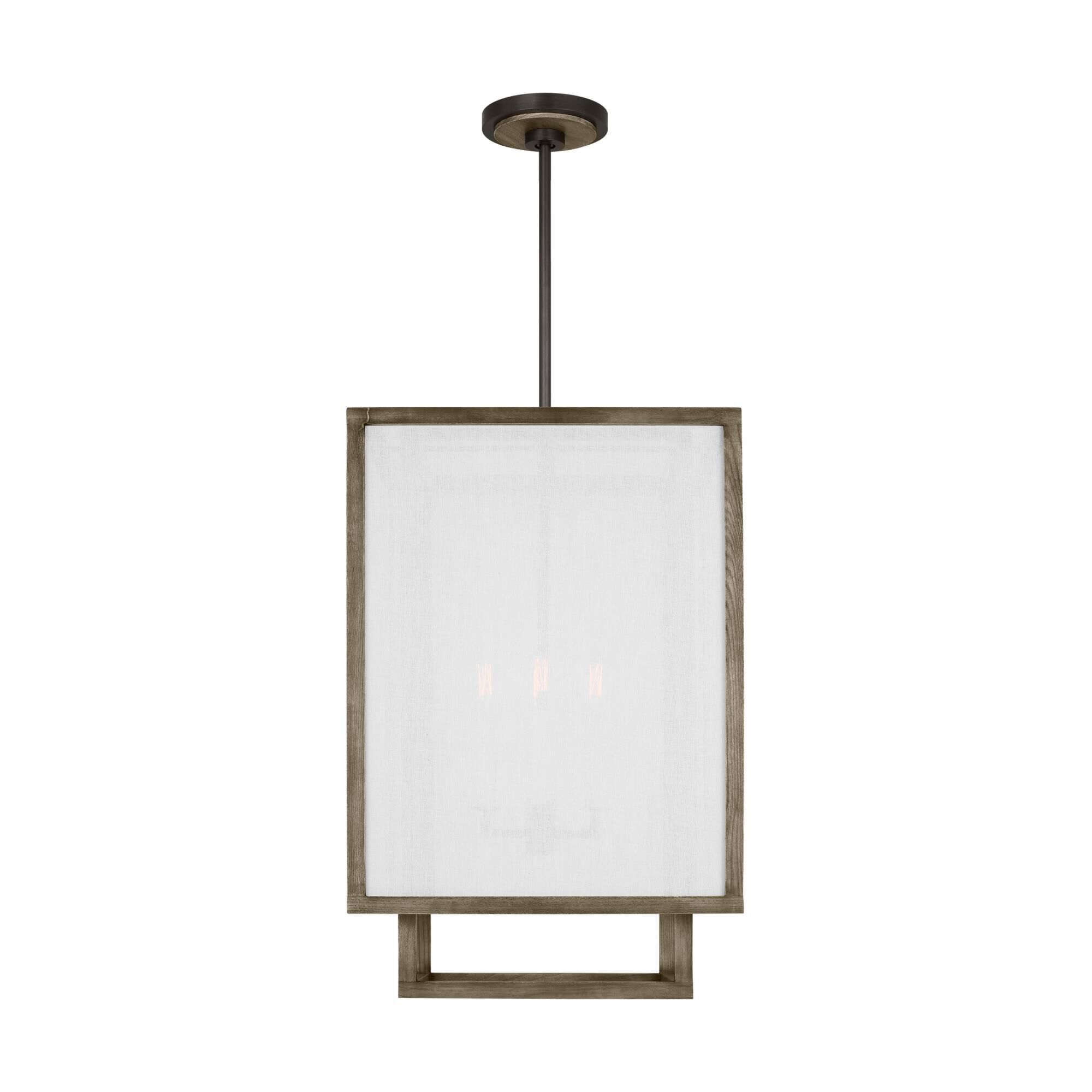 Shown in Weathered Oak Wood finish and White Linen Fabric s shade