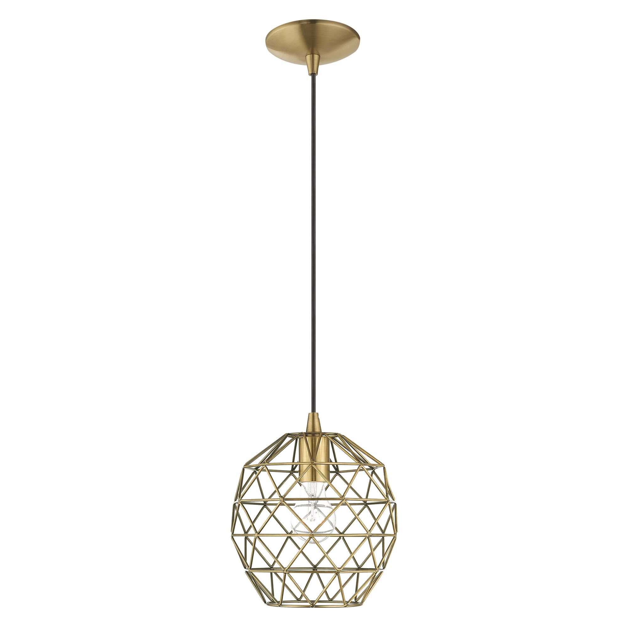 Shown in Antique Brass finish and Antique Brass Geometric Metal shade