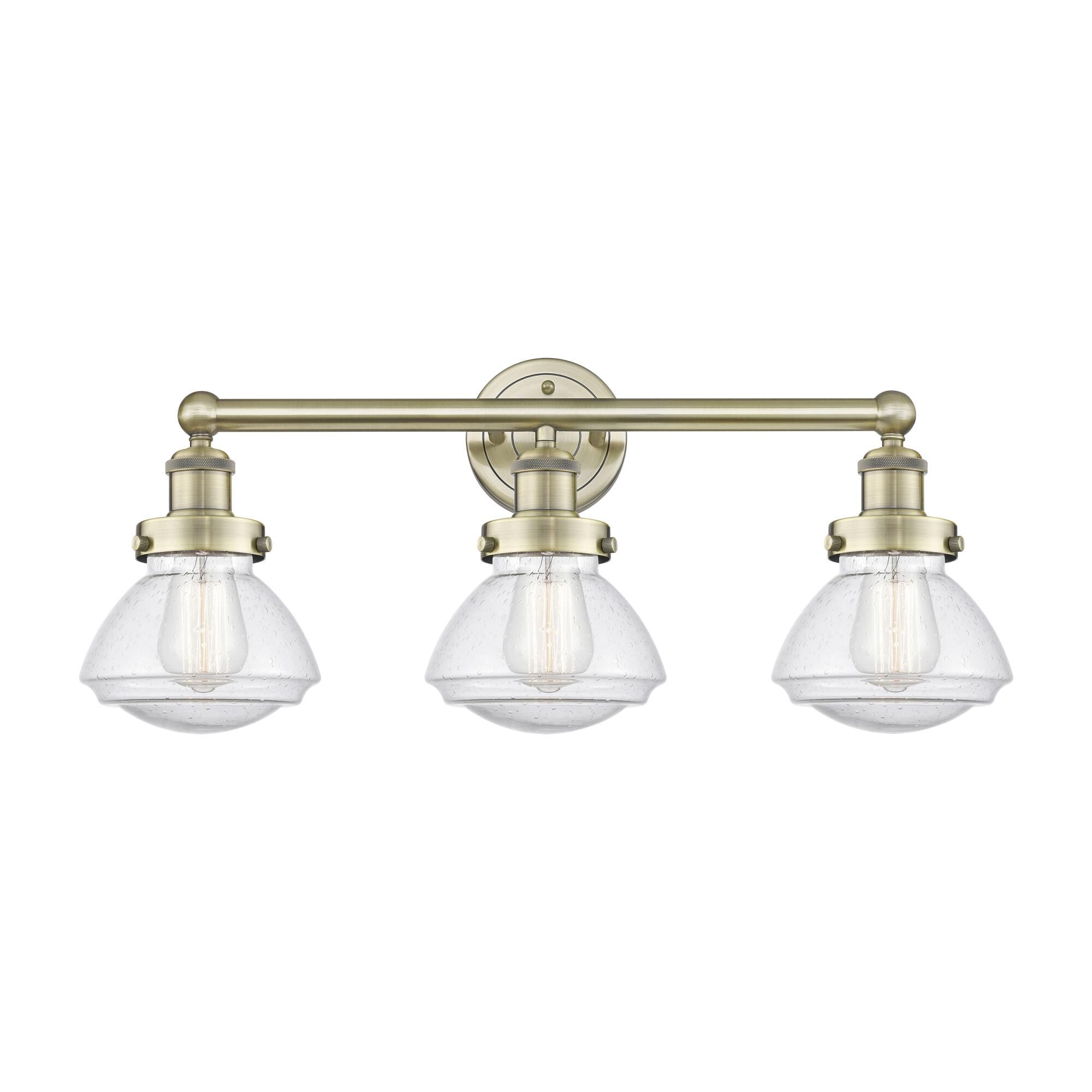 Shown in Antique Brass finish and Seedy glass