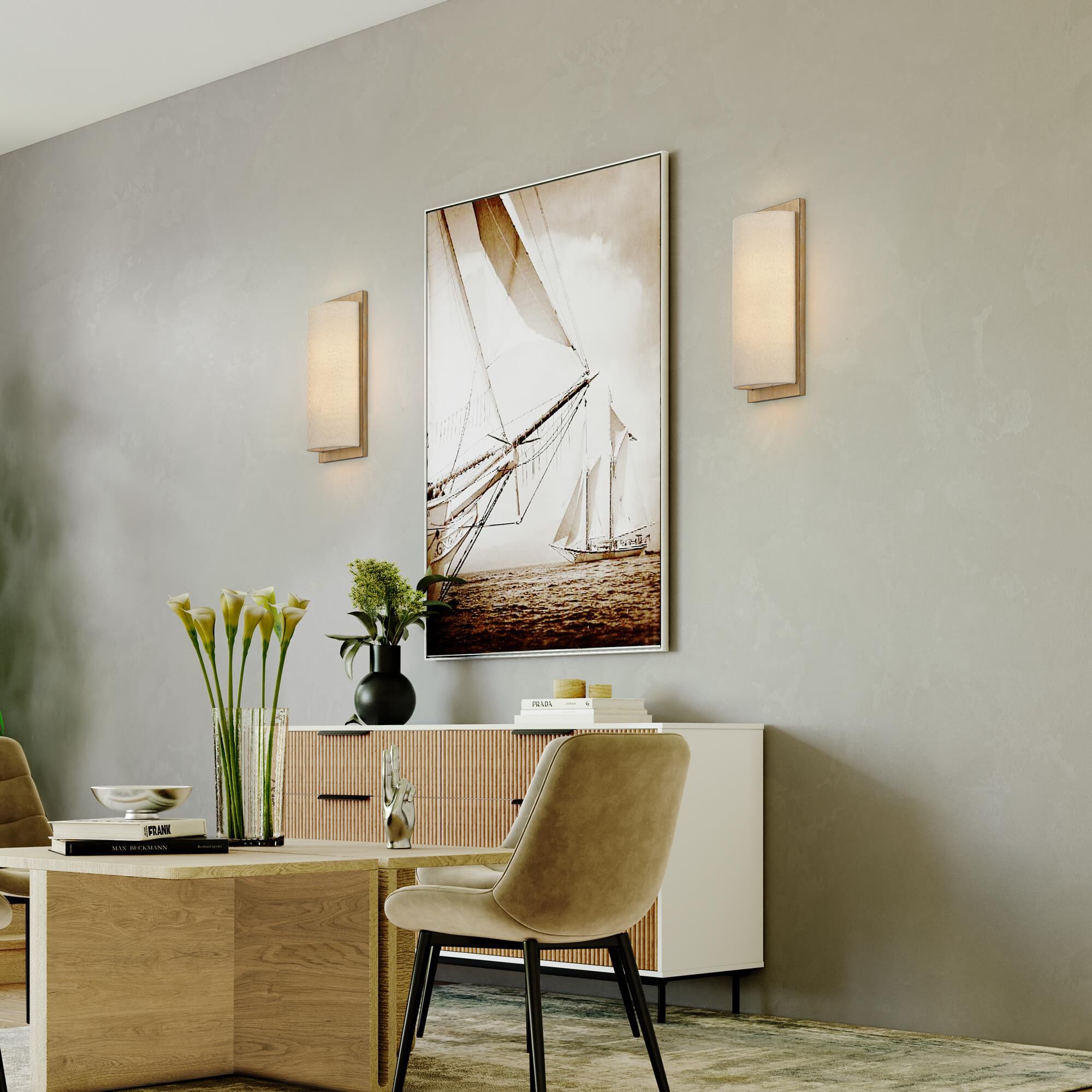 Shown in Antique Gold Leaf finish and Hand Crafted Parchment Color Hardback Fabric shade