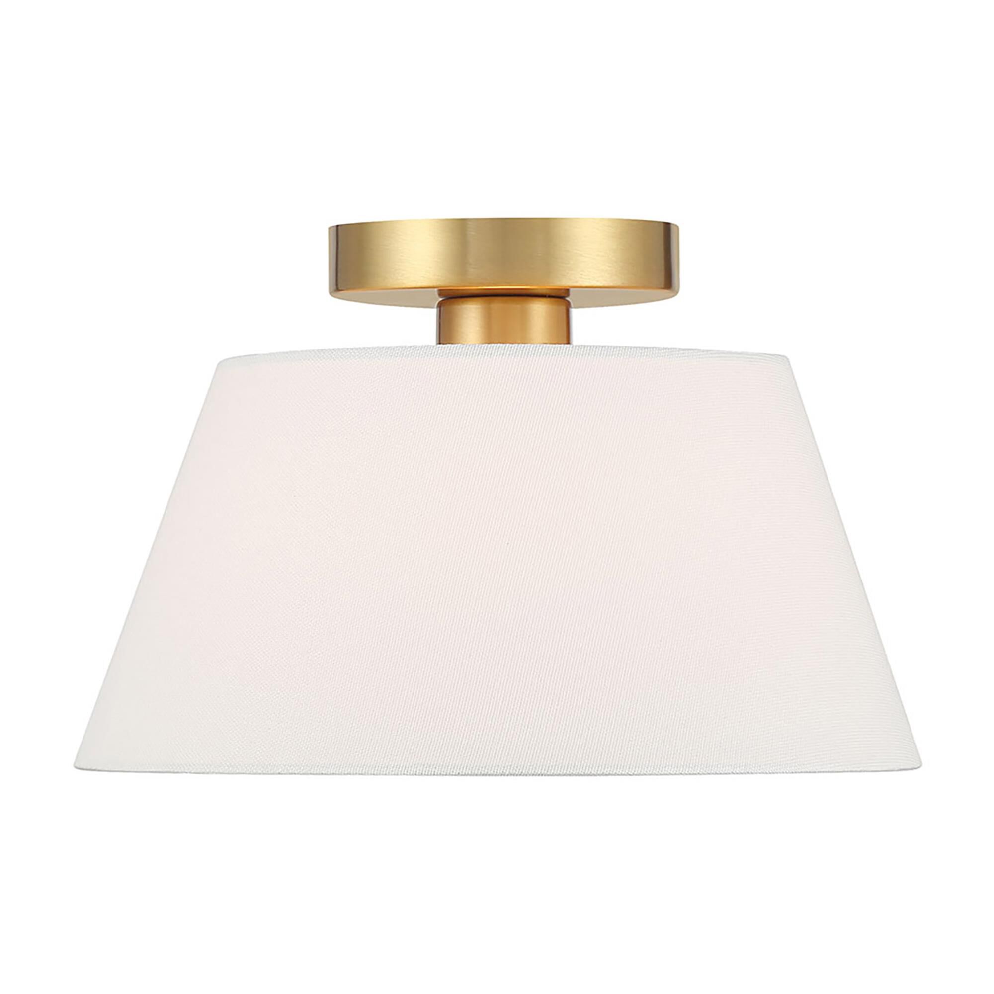 Shown in Natural Brass finish and White Linen Fabric shade