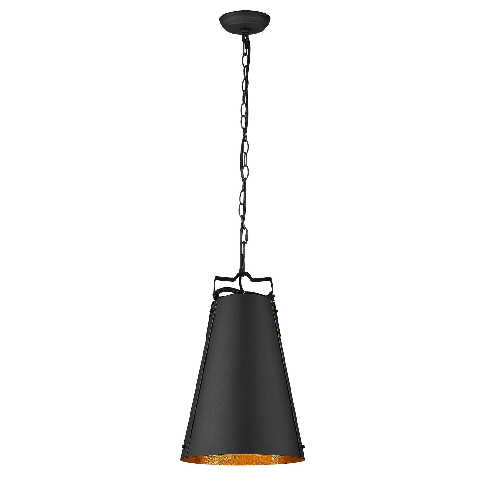 Shown in Matte Black finish and Black glass and Black Metal Cone Shaped  W/ Gold Interior shade