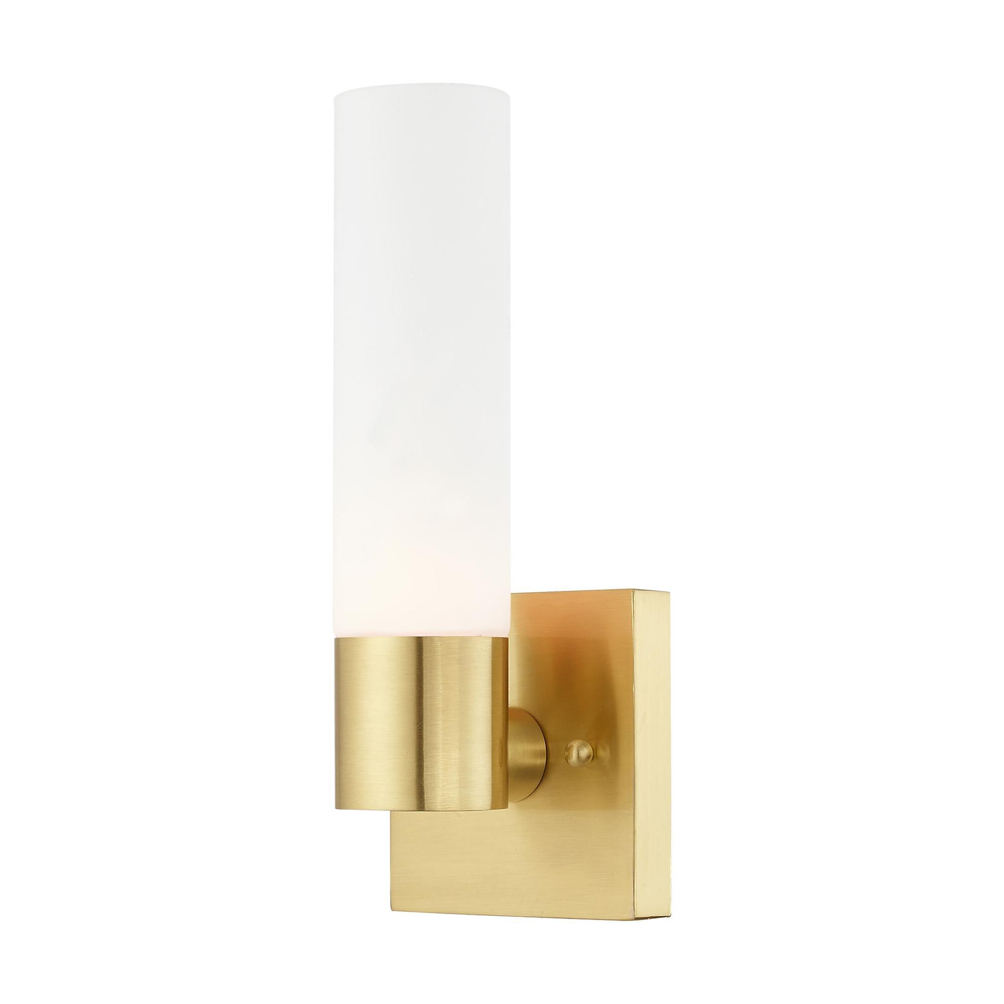 Shown in Satin Brass finish and Hand Blown Satin Opal White Twist Lock glass