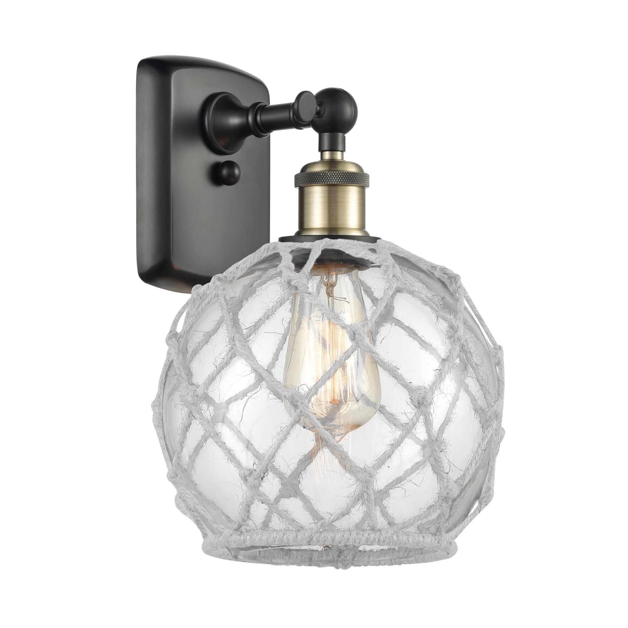 Shown in Black Antique Brass finish and Sphere glass and Glass And Rope shade