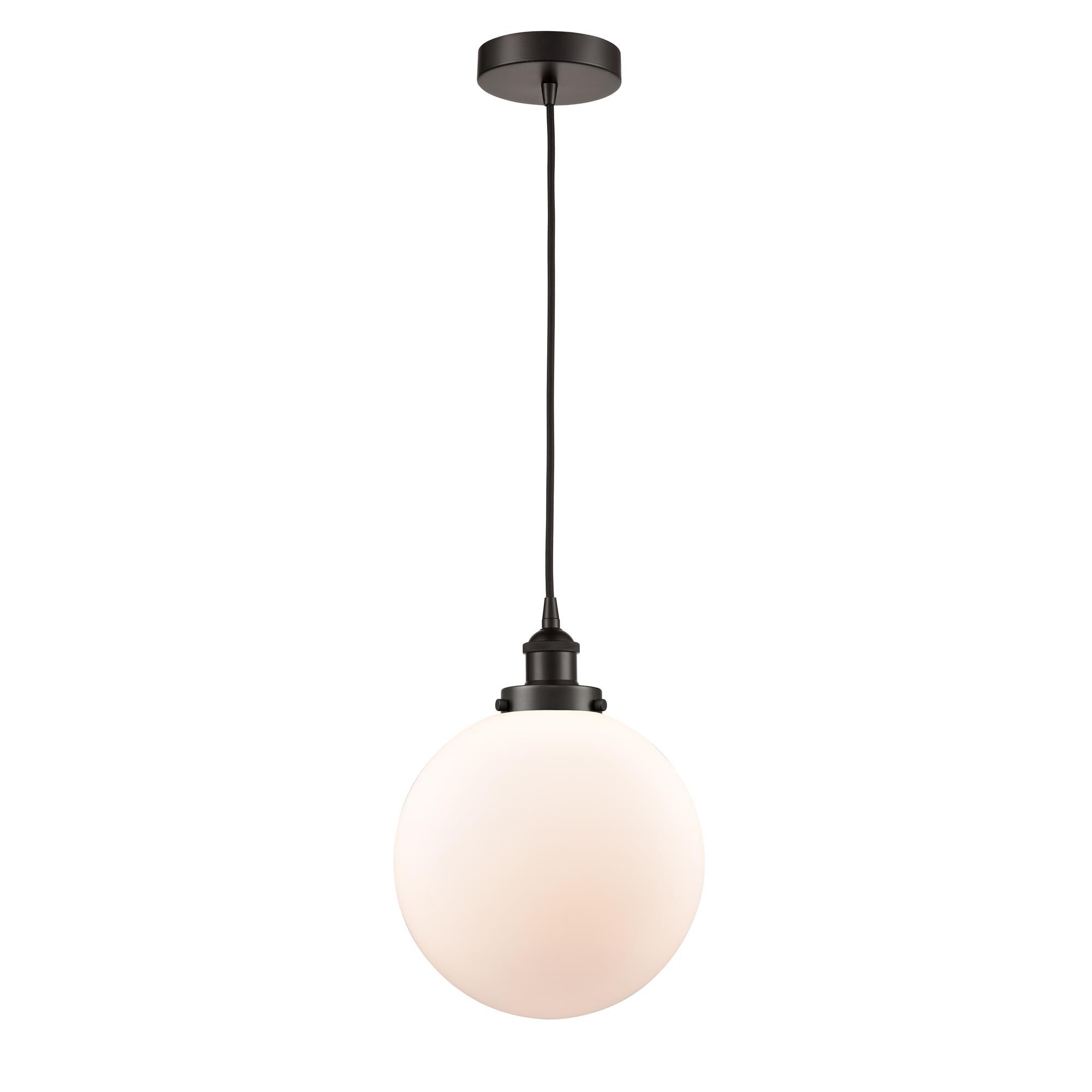 Shown in Oil Rubbed Bronze finish and Matte White Cased Beacon glass