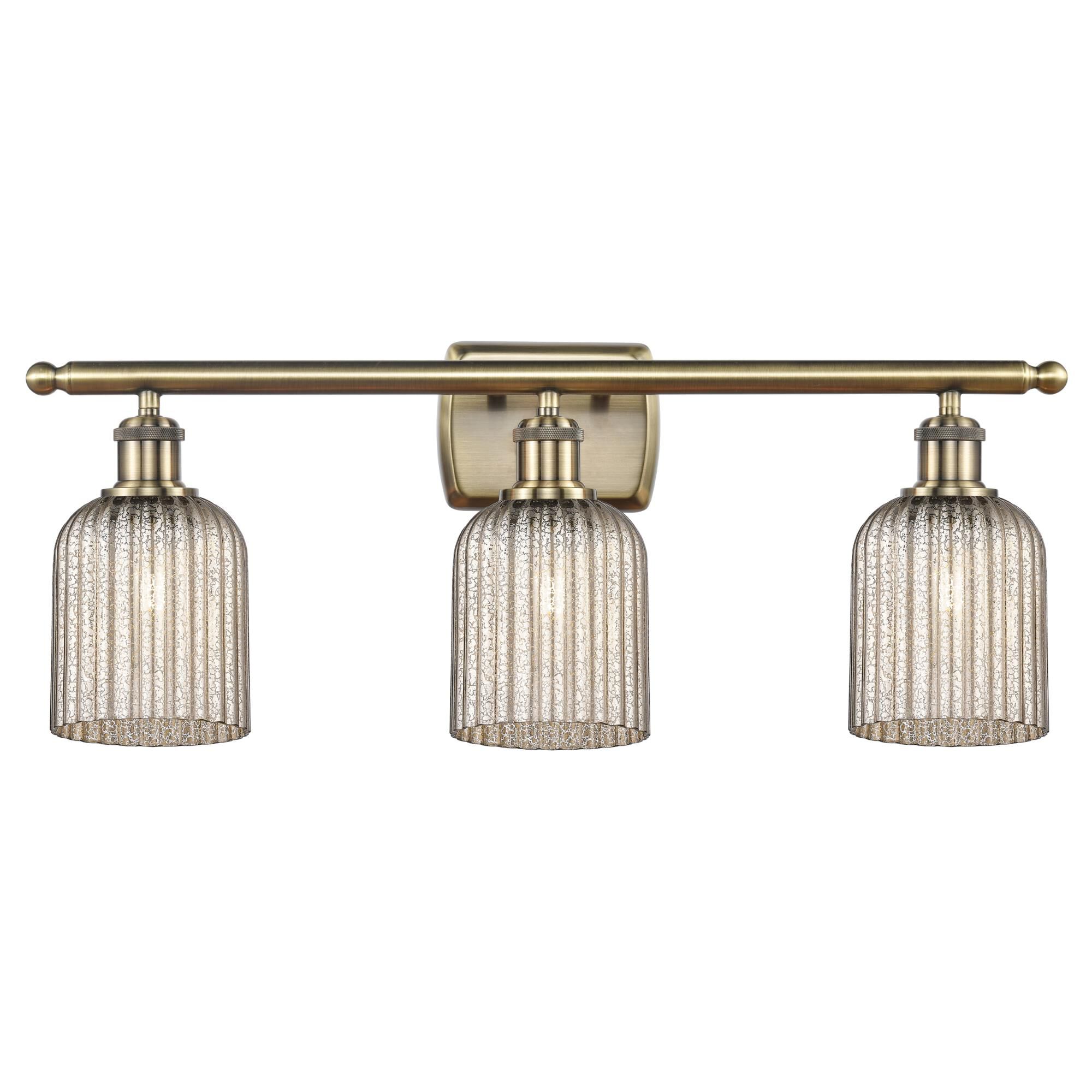 Shown in Antique Brass finish and Mercury shade