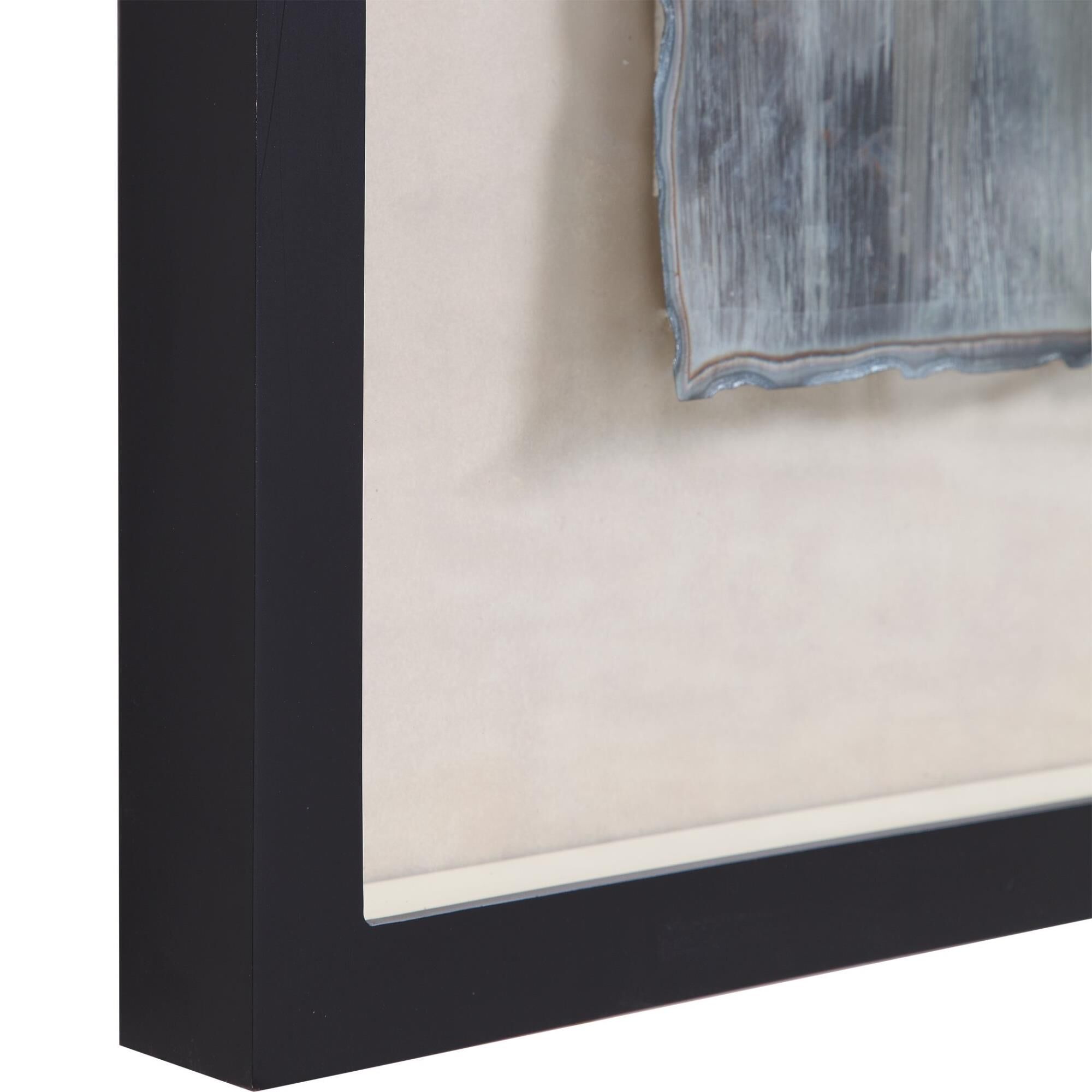 Shown in Matte Black Frame With Tan Background And Under Glass, Burnt Metal, Heavy On Edges, Blues, Greens, B finish