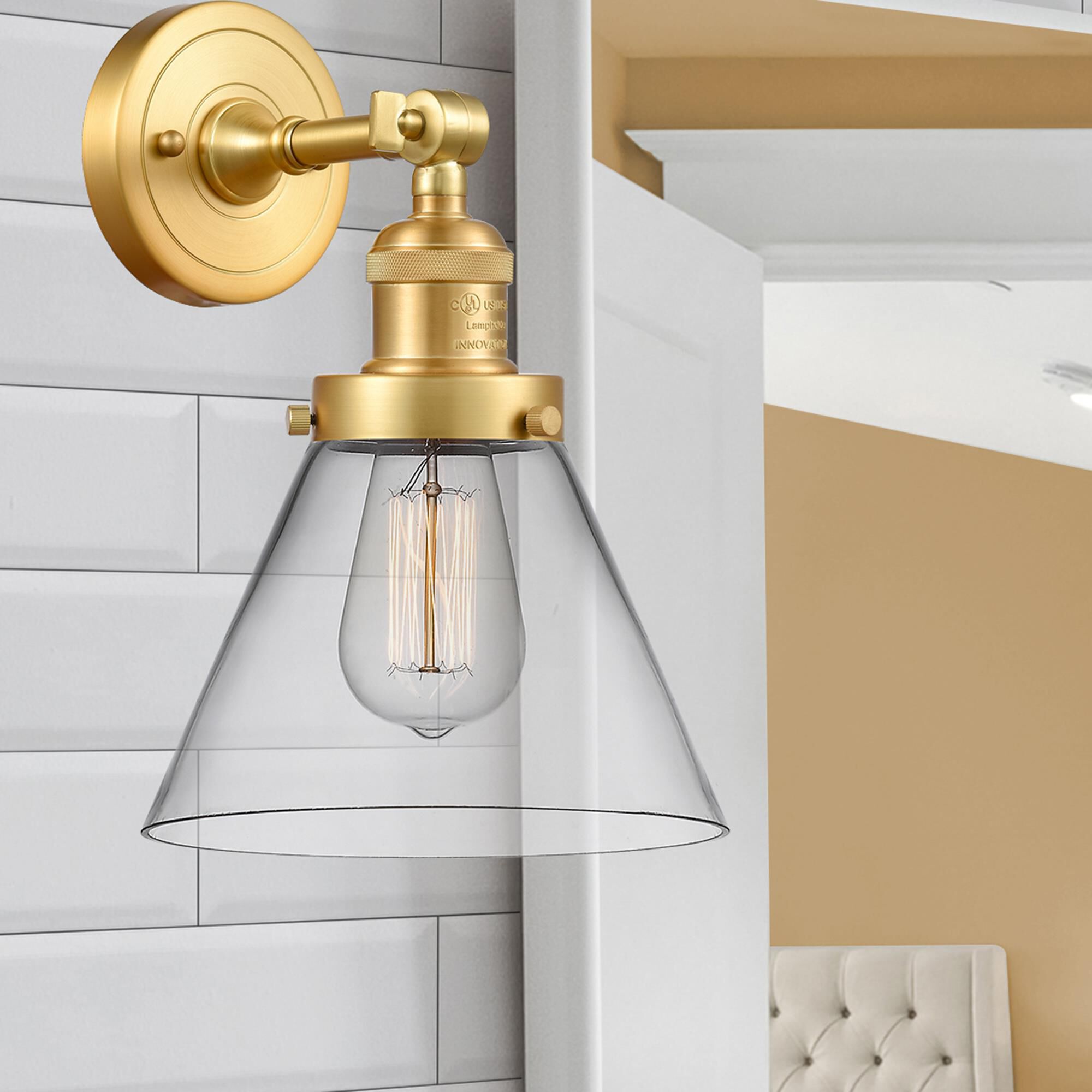 Shown in Satin Gold finish and Clear Large Cone glass