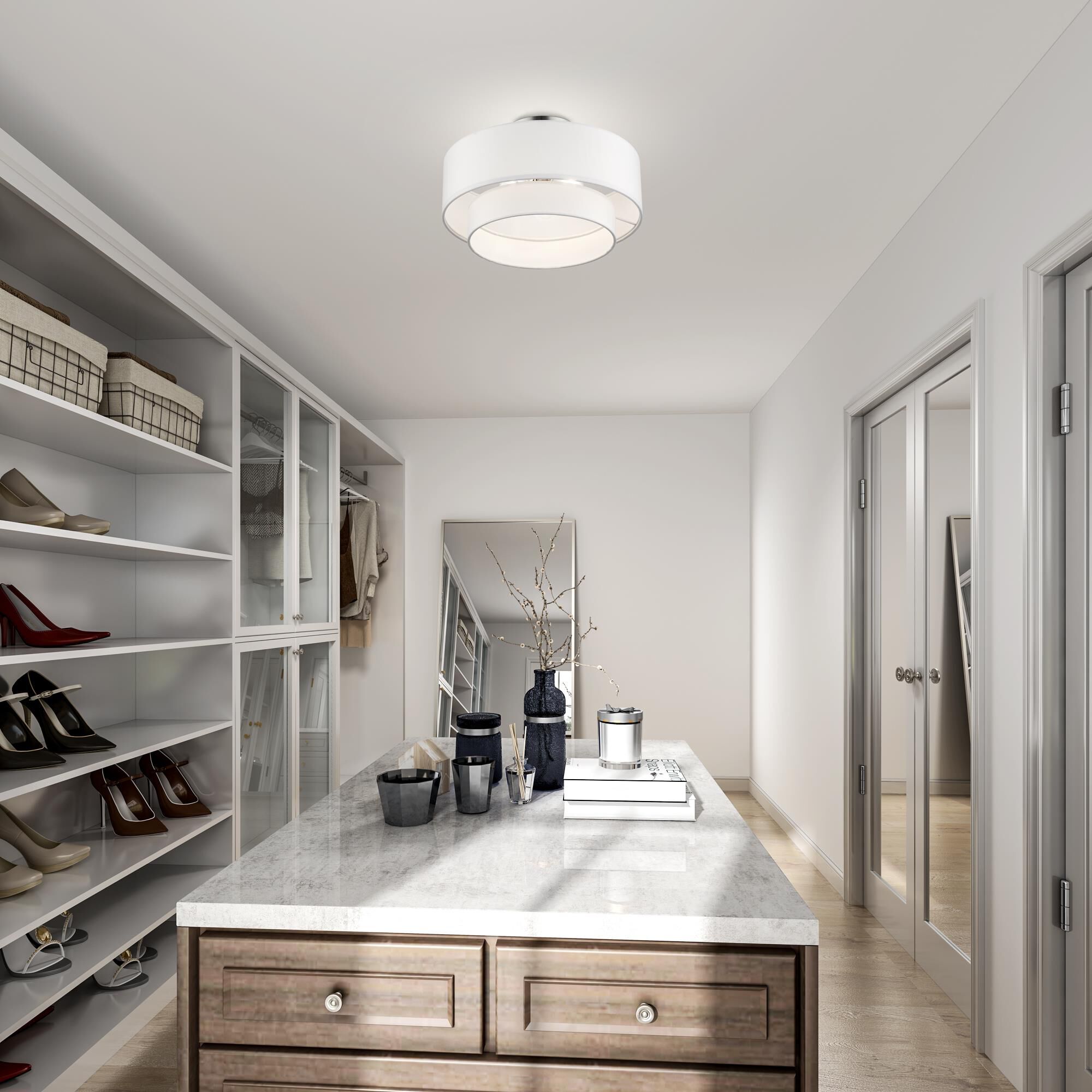 Shown in Brushed Nickel finish and Hand Crafted Off-White Fabric Hardbacks with White Fabric Inside shade