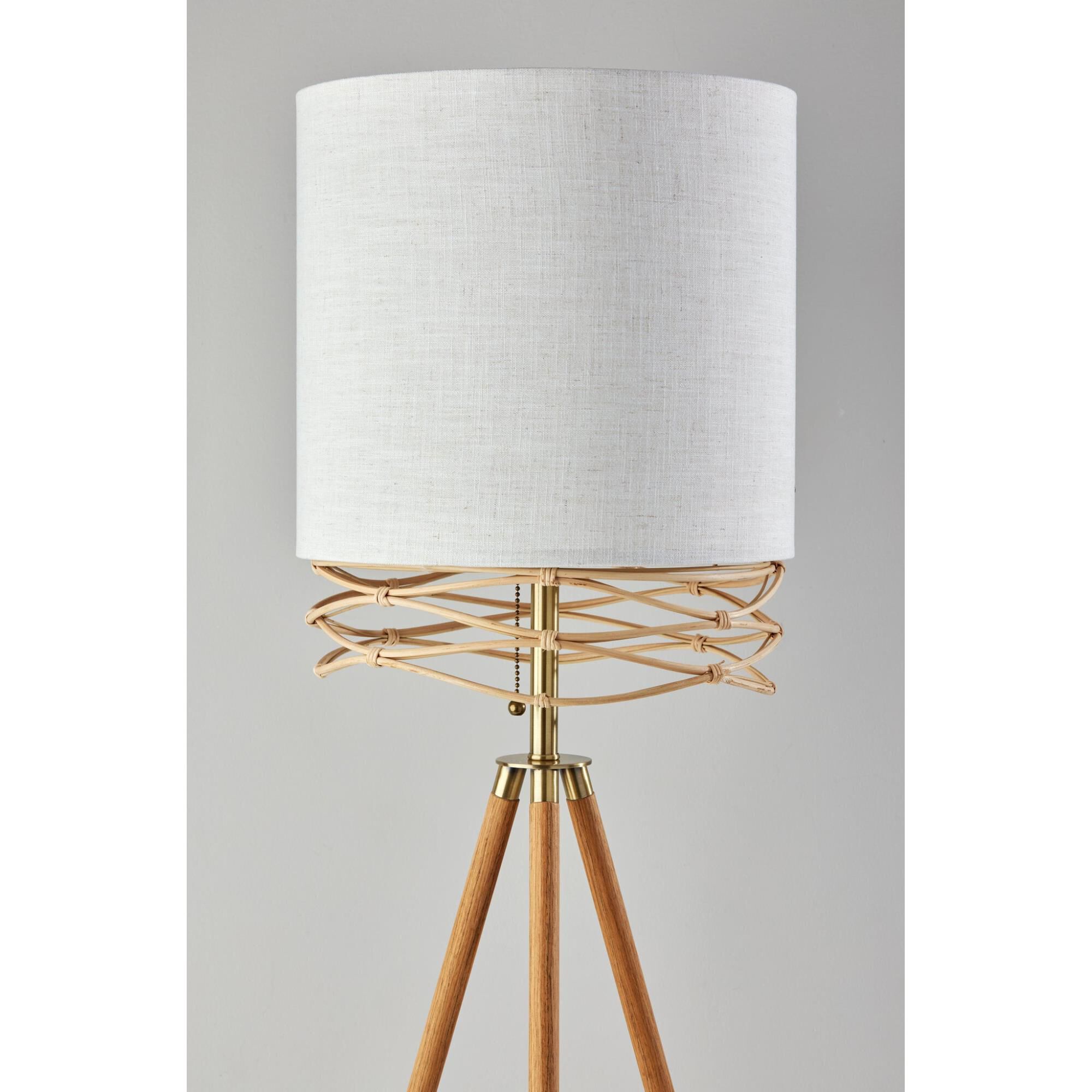 Shown in Natural Wood Veneer & Antique Brass Accents finish and White Textured Fabric shade