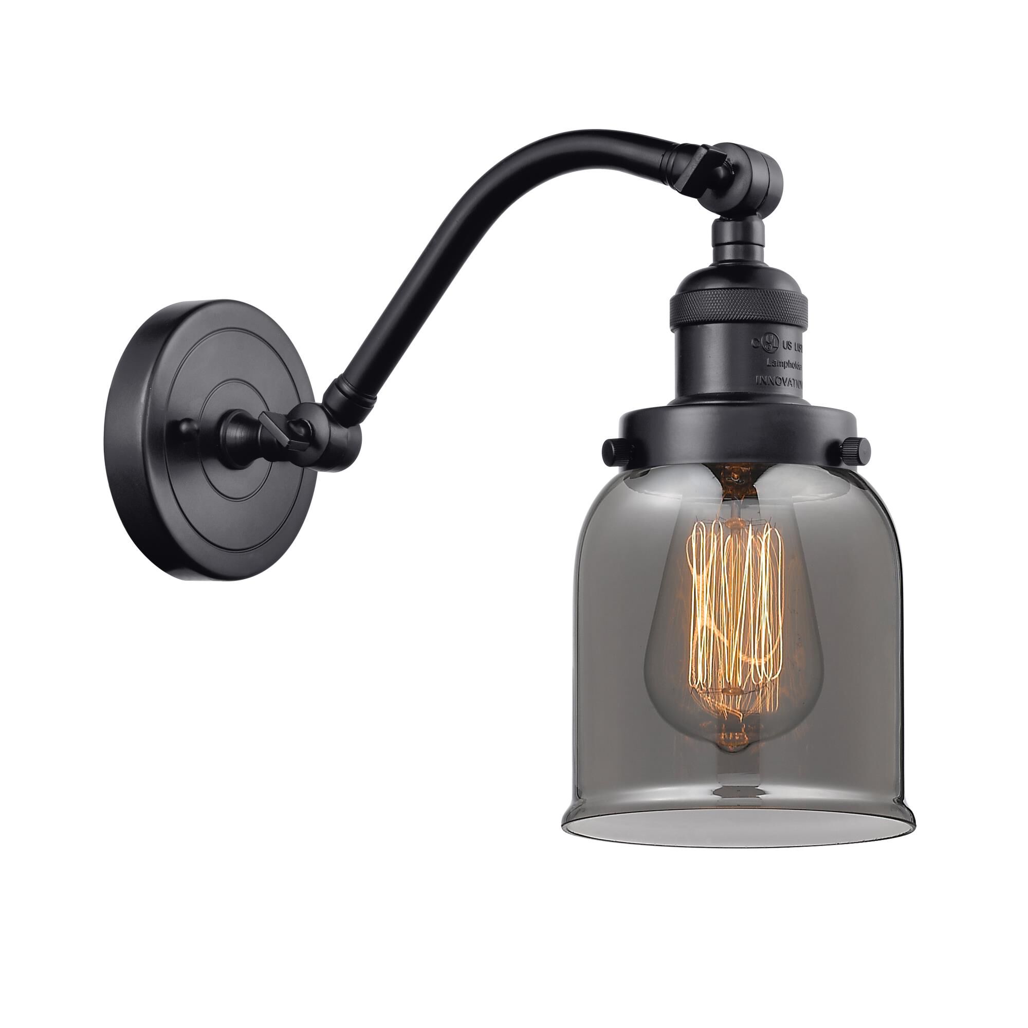 Shown in Matte Black finish and Plated Smoke Small Bell glass