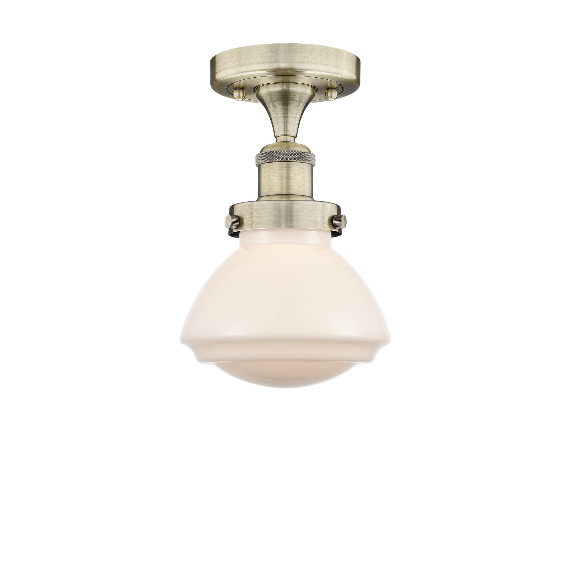 Shown in Antique Brass finish and Matte White glass