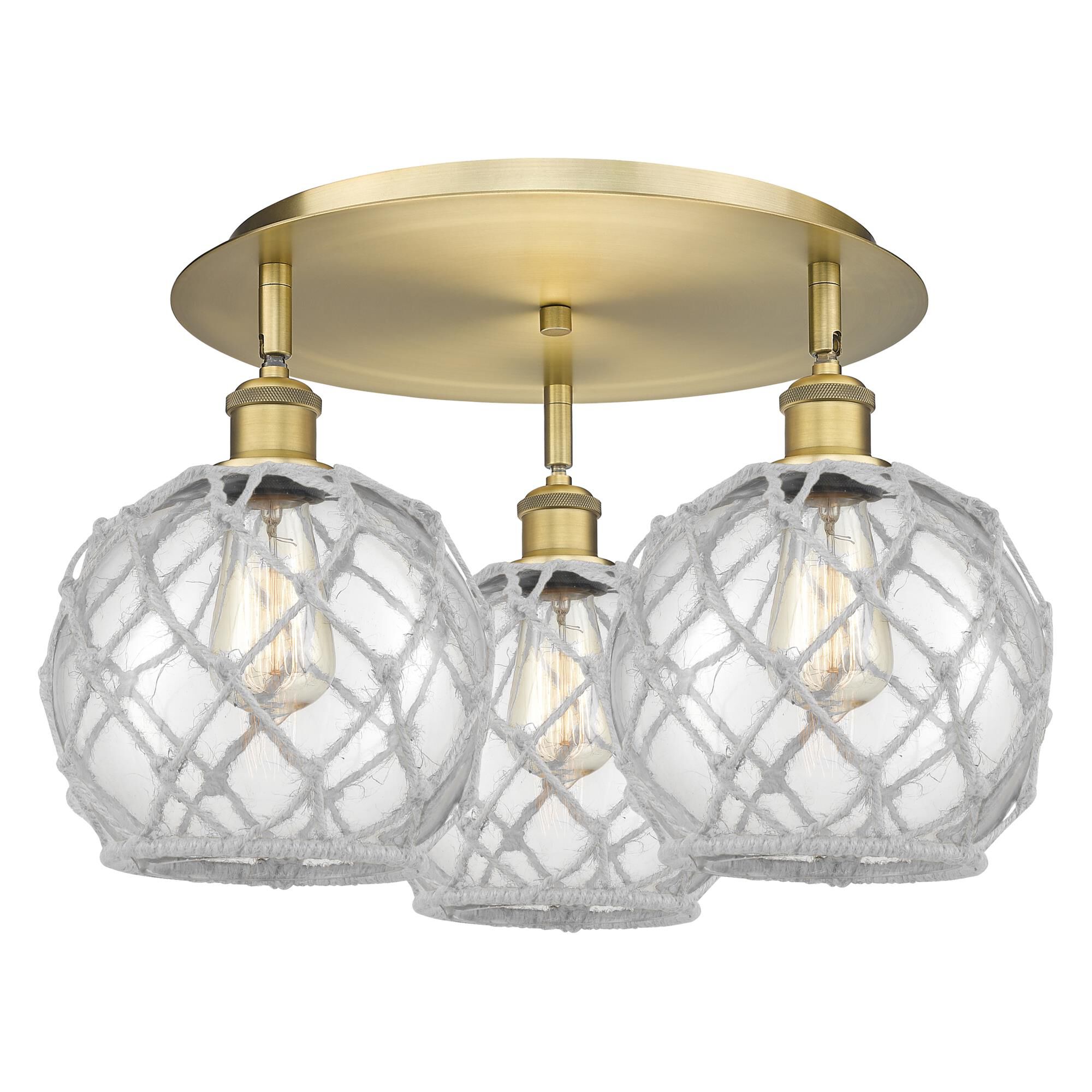 Shown in Brushed Brass finish and Clear with White Rope glass