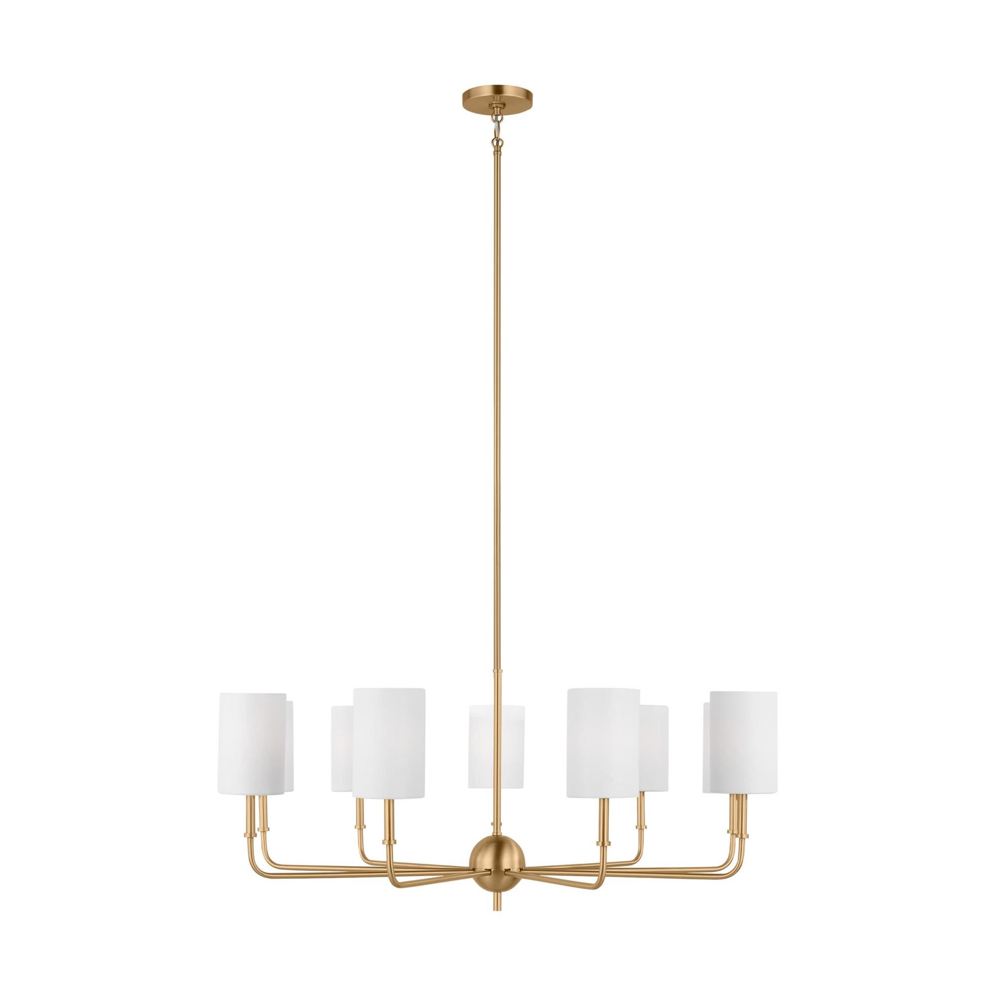 Shown in Satin Brass finish and White Linen glass and White Linen Fabric s shade