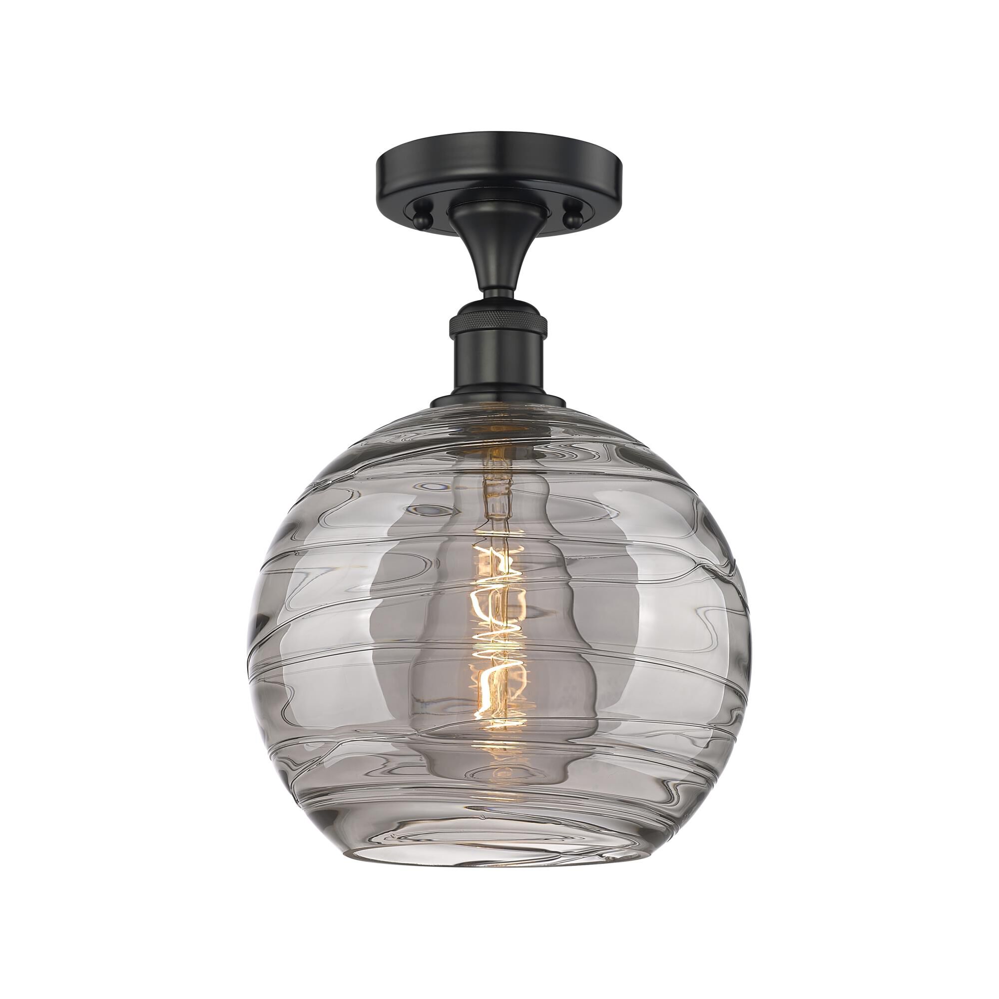 Shown in Matte Black finish and Light Smoke Deco Swirl glass