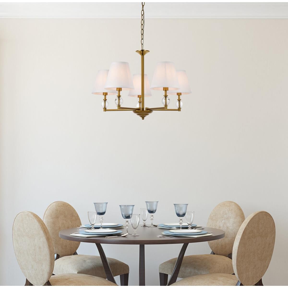 Shown in Brass finish and Royal Cut Clear crystal and White Fabric shade