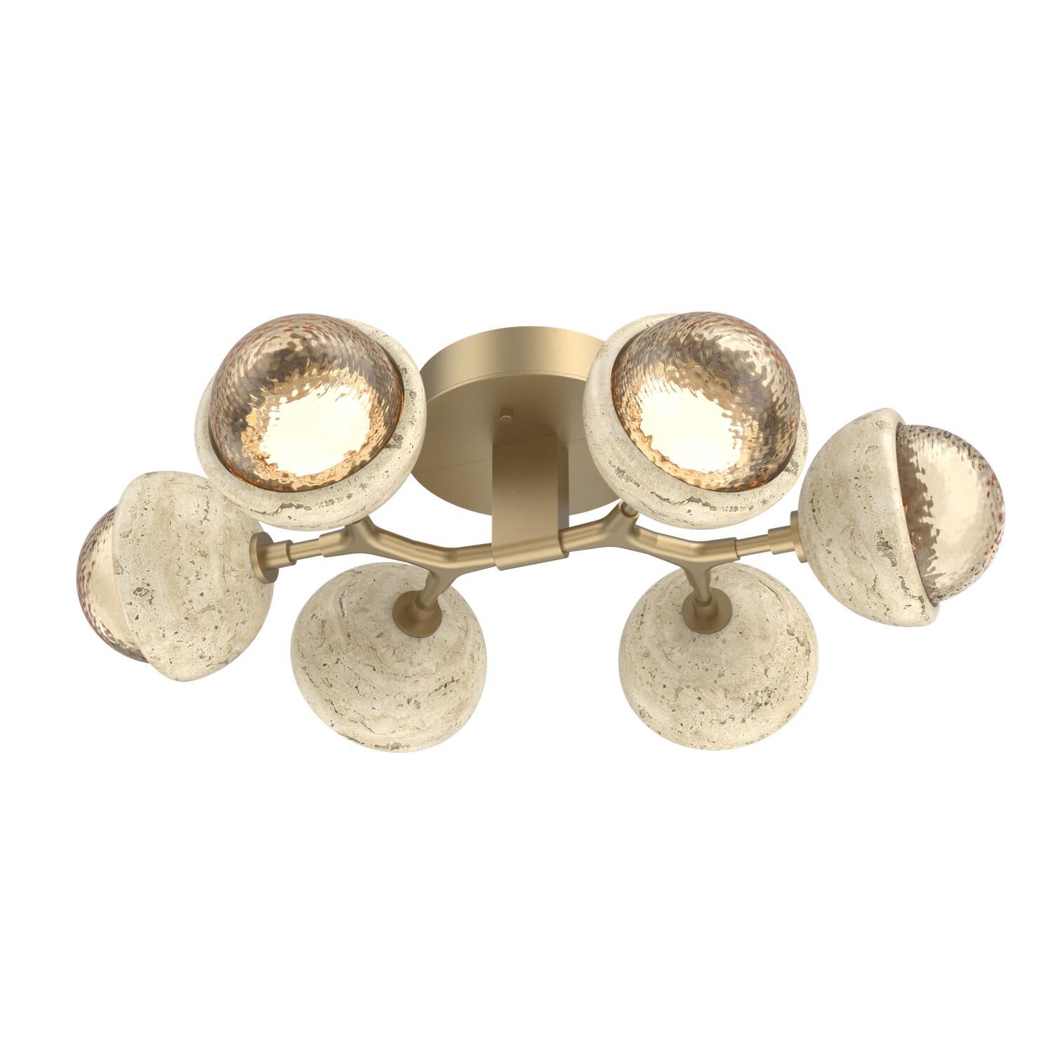 Shown in Gilded Brass finish and Amber glass and Travertine Stone accent