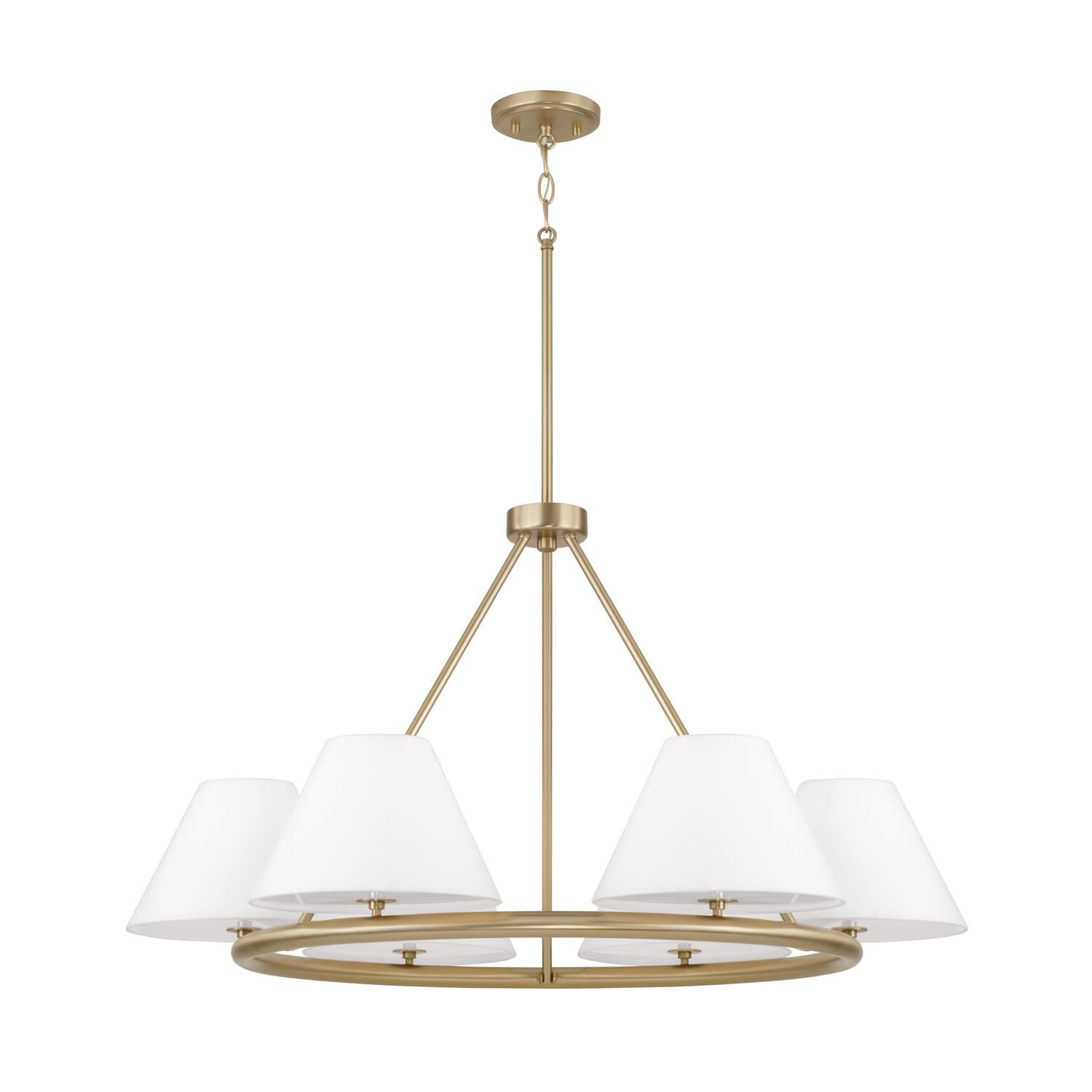 Shown in Matte Brass finish and Soft White Fabric Stay-Straight shade