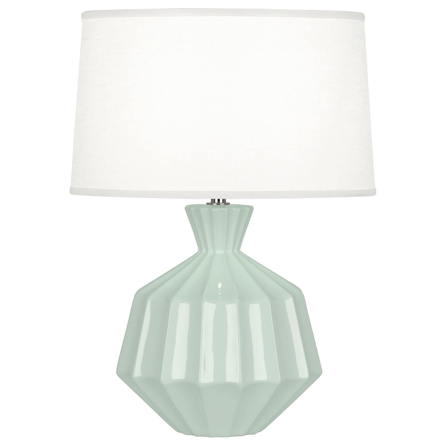 Shown in Celadon Glazed Ceramic finish and Oyster Linen With Self Fabric Top Diffuser shade