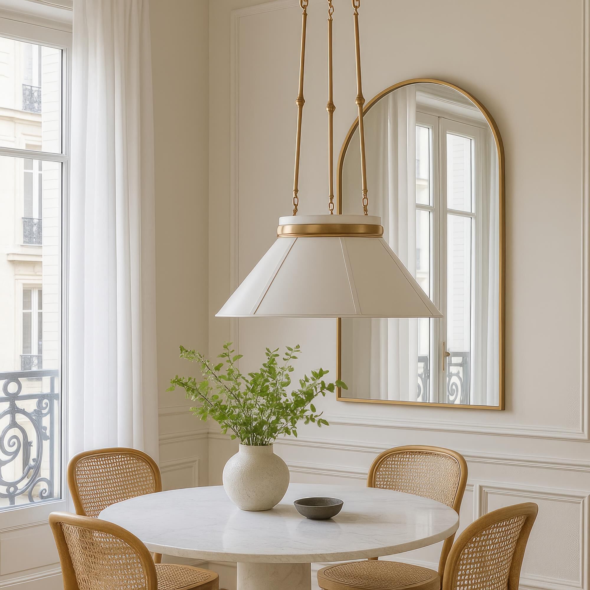 Shown in White and Brass finish and White shade