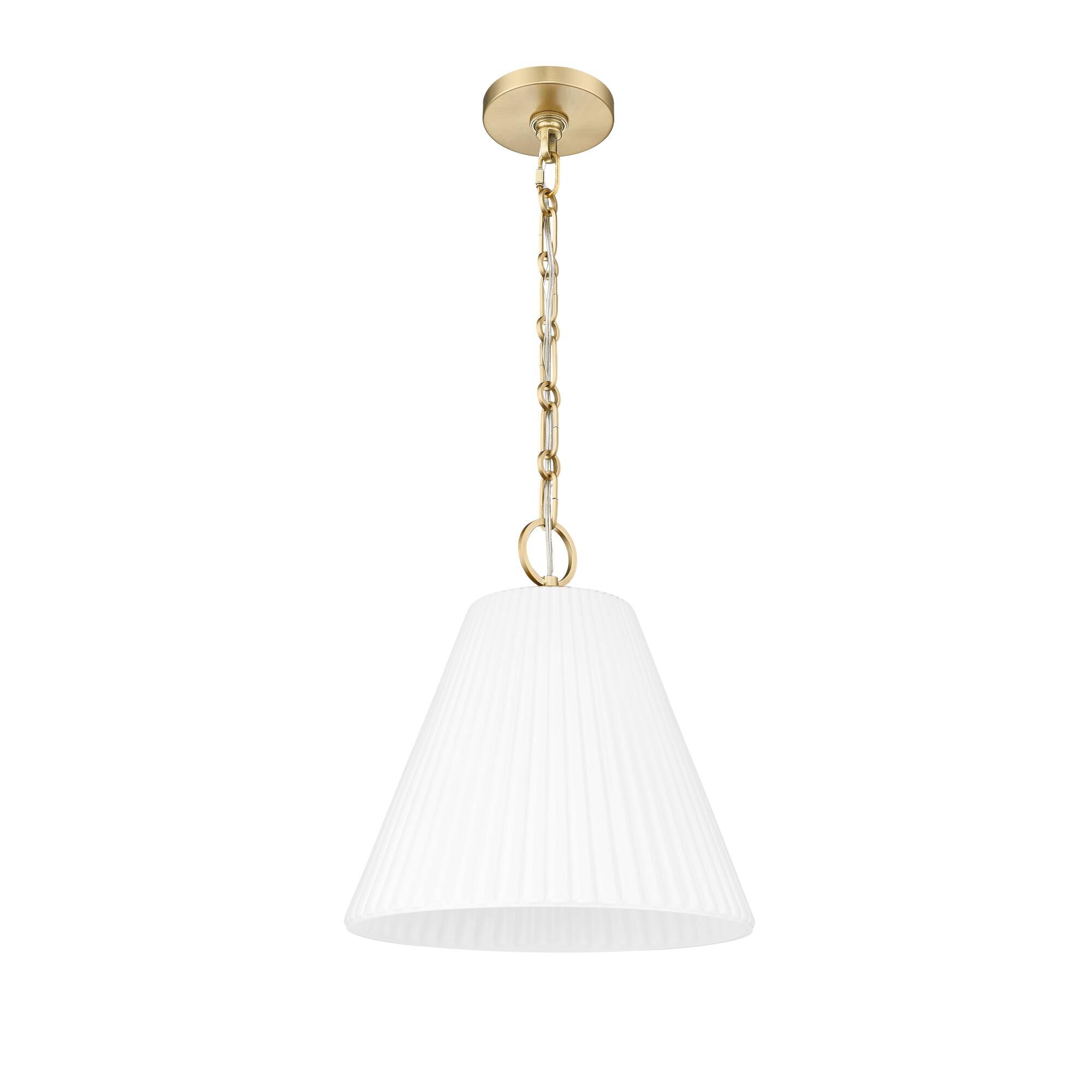 Shown in Modern Gold finish and White glass and White shade