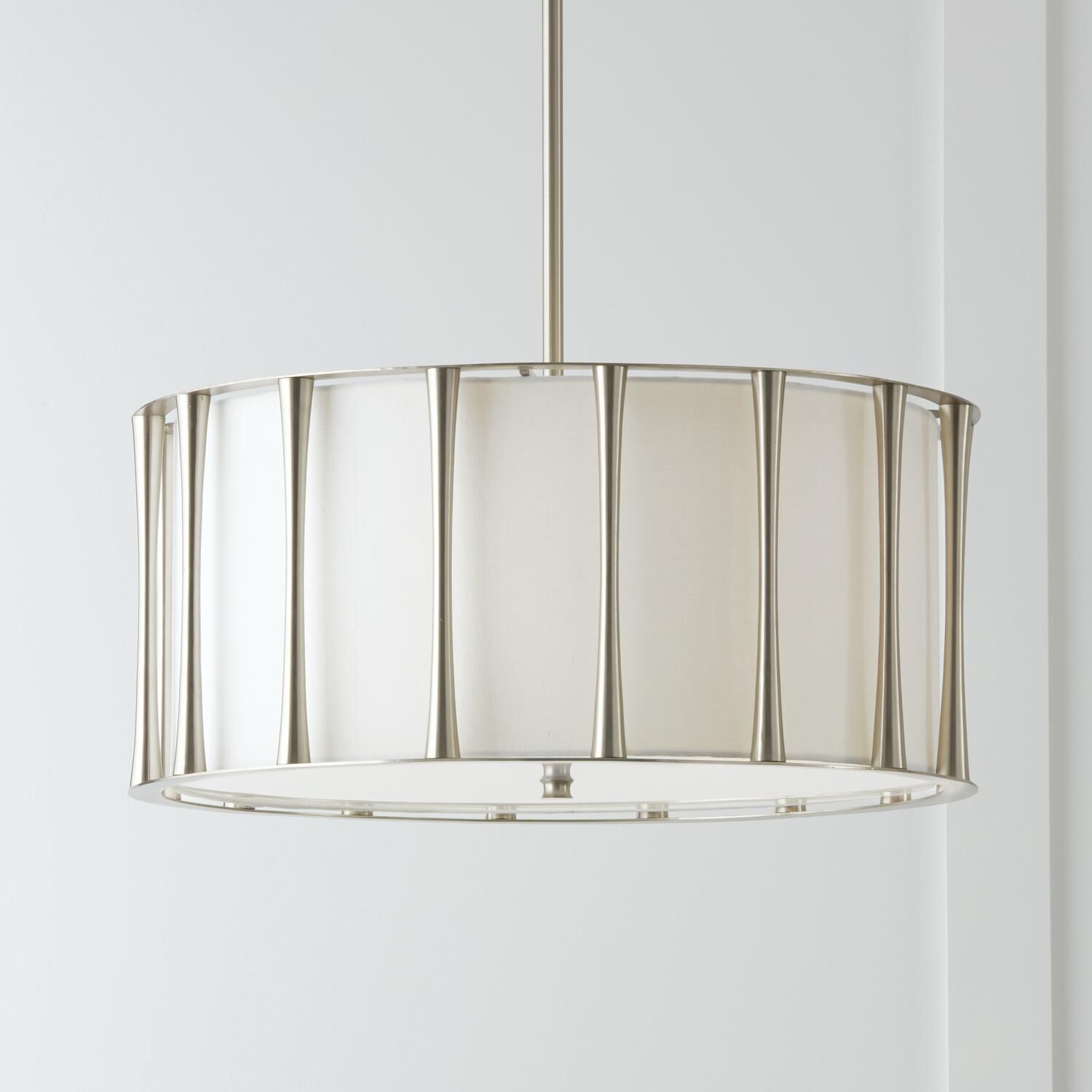 Shown in Brushed Nickel finish and White Fabric shade